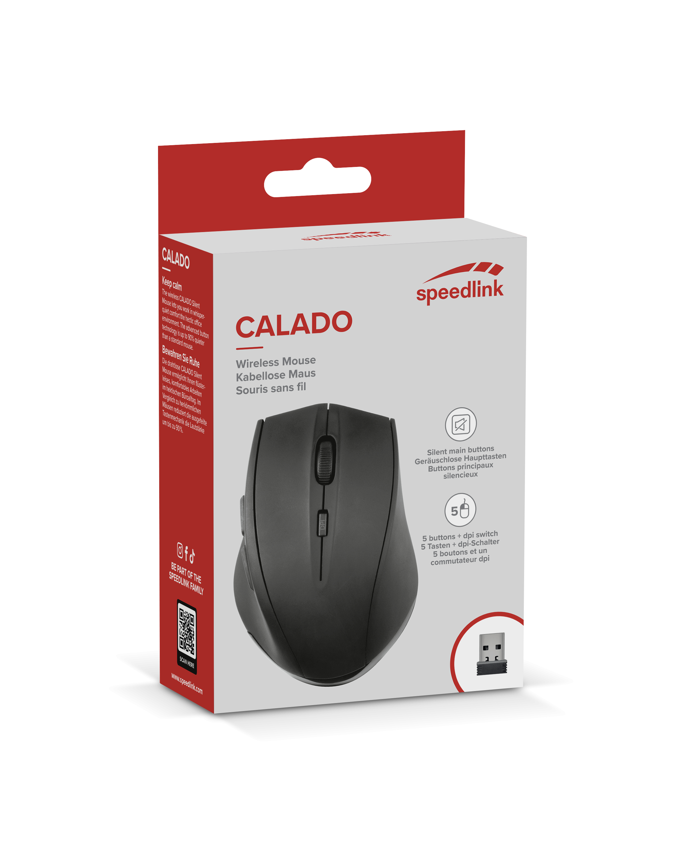 Czarna mysz bezprzewodowa w pudełku z tekstem. Pudełko ma czerwono-biały design.