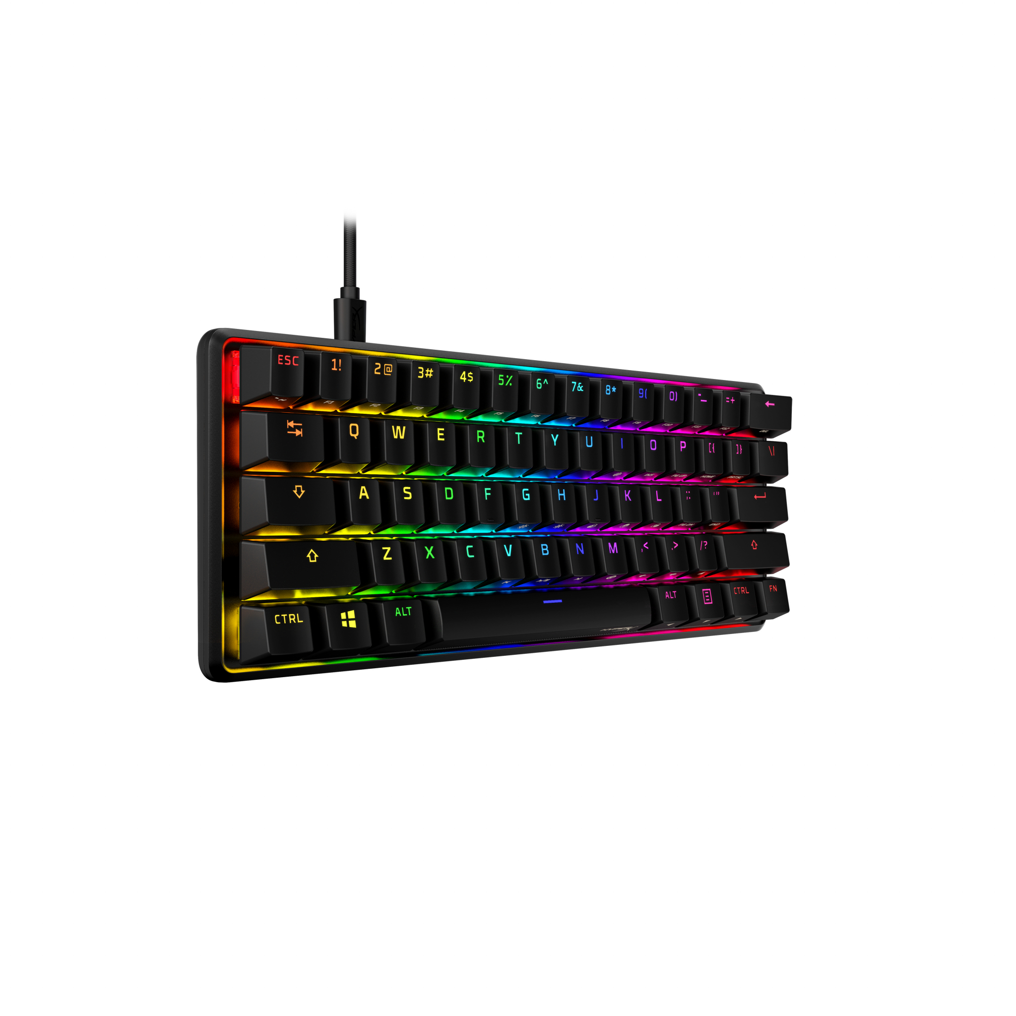 Una tastiera meccanica compatta nera con illuminazione LED arcobaleno e sfondo bianco.