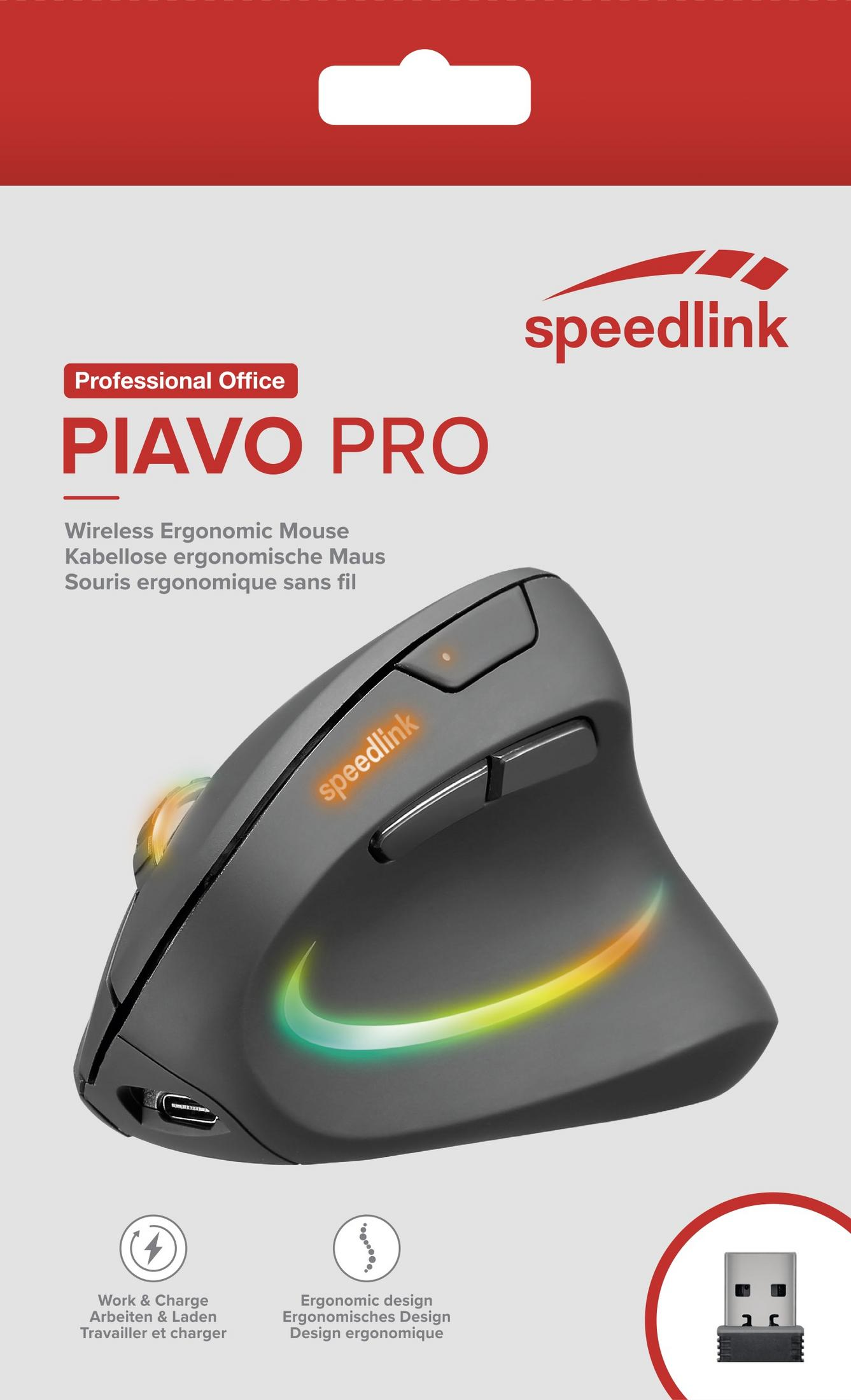 Schwarze und graue ergonomische Maus. Sie hat einen USB-Empfänger und ist mit dem Wort speedlink beschriftet.