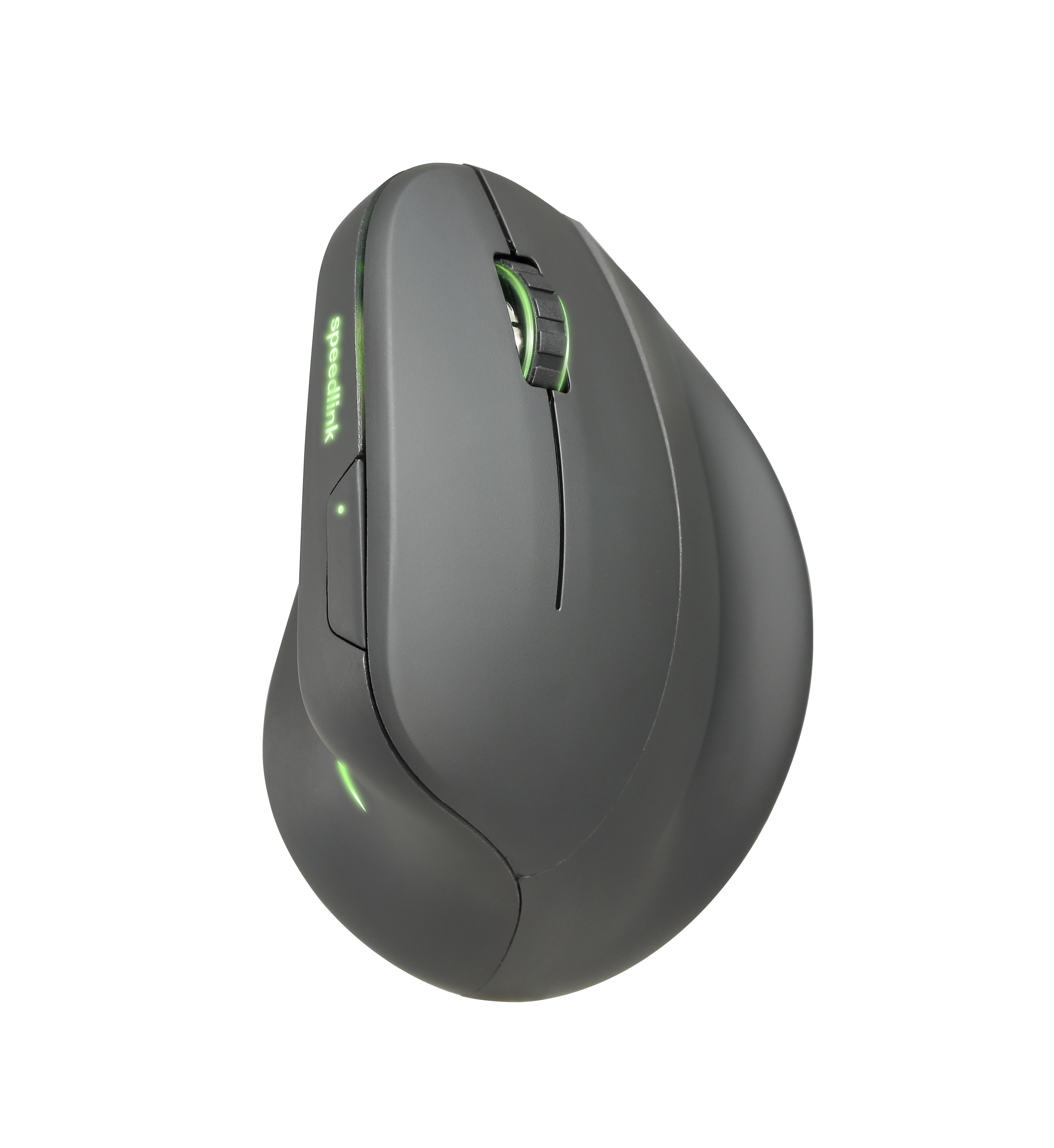 Eine graue ergonomische Maus. Die Maus hat ein grünes Scrollrad und ein grünes Licht.