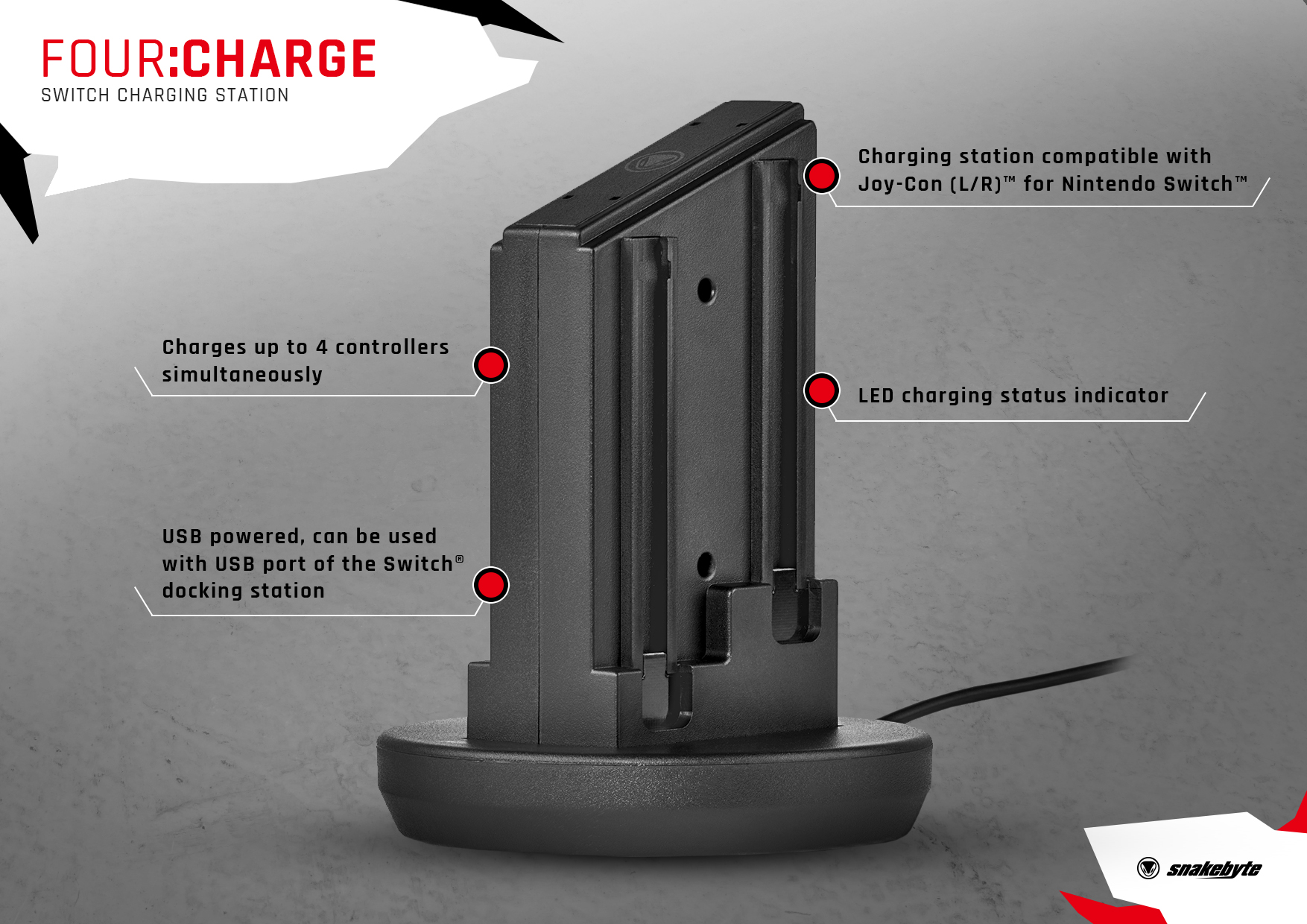 Schwarze Ladestation für Switch-Controller mit roten Anzeigen und Textbeschriftungen.