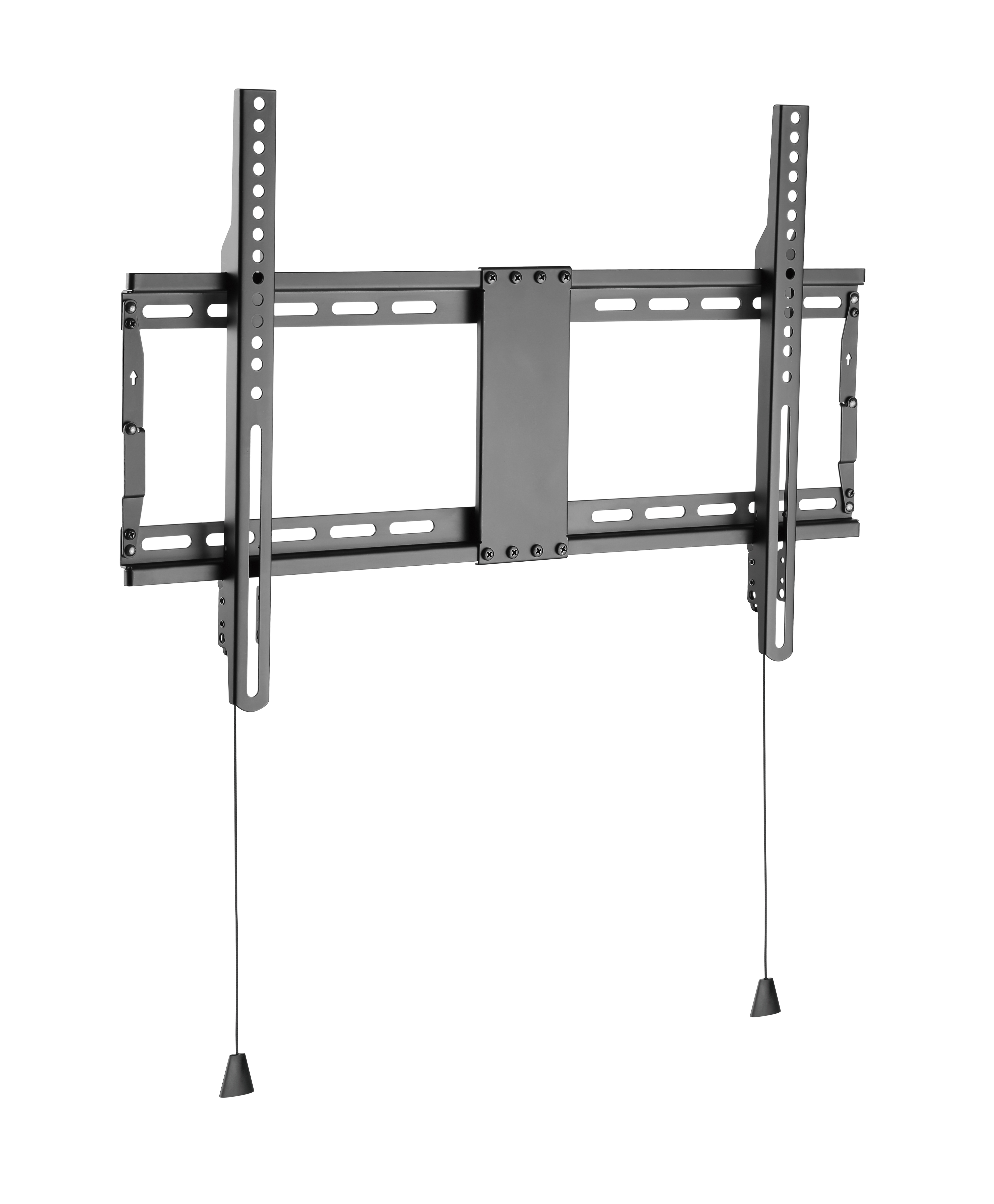Eine schwarze TV-Wandhalterung mit zwei Hängekabeln, zum Anbringen eines Fernsehers an der Wand.