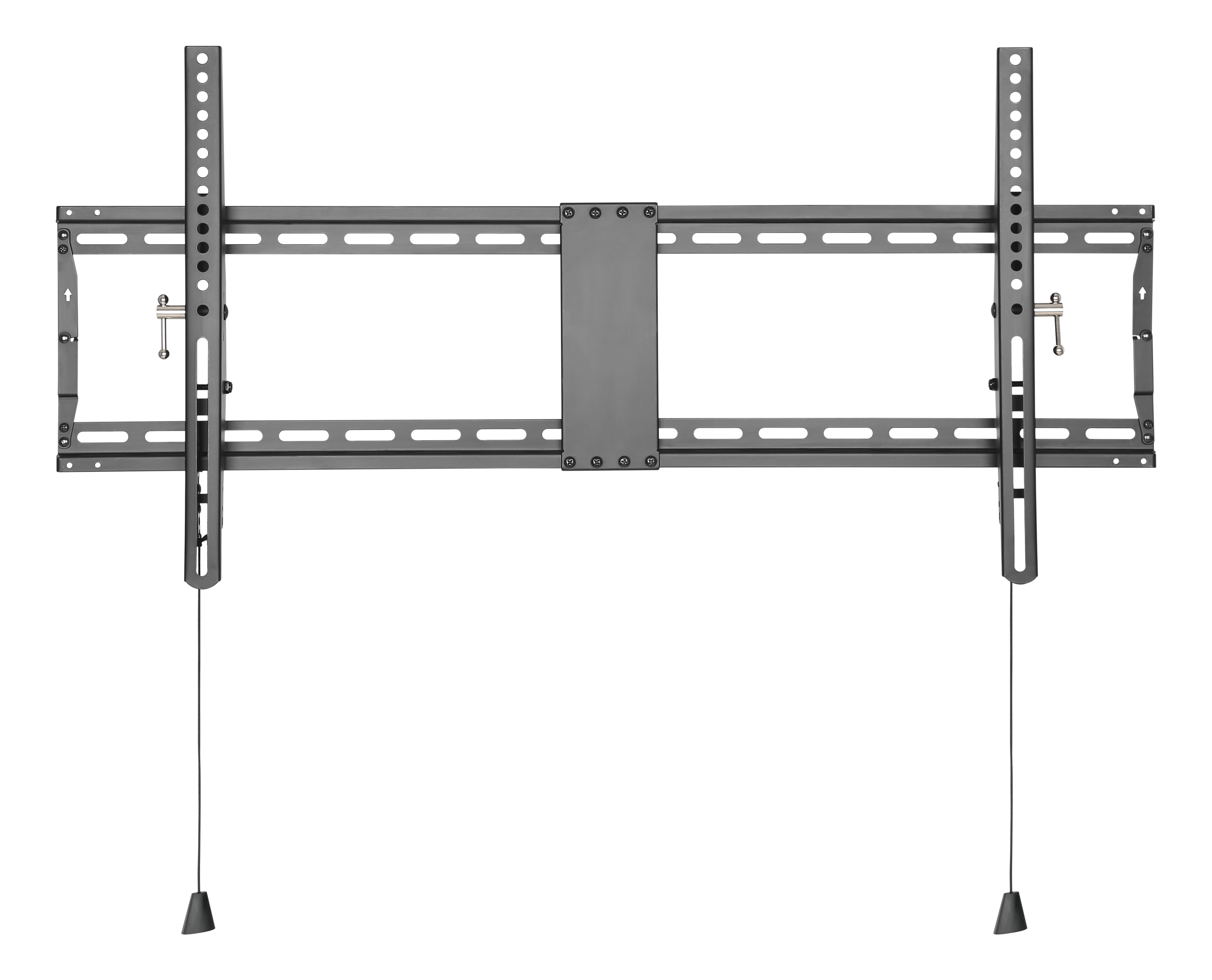 TV-Wandhalterung, schwarzes Metall, mit Montagearmen und Aufhängeschnüren.