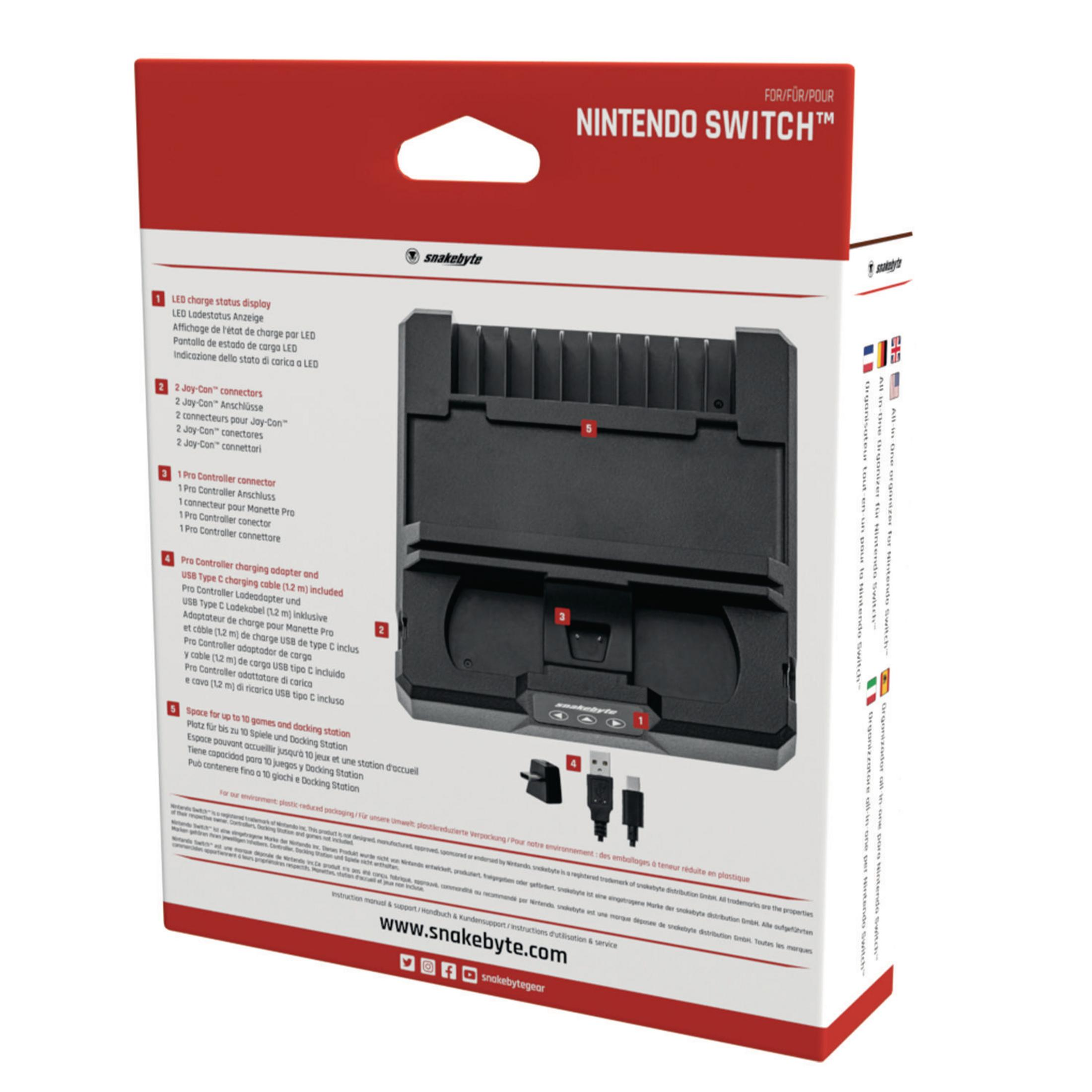 Eine Nintendo Switch Dockingstation-Box mit Produktdetails und einer Diagramm der Gerätefunktionen.