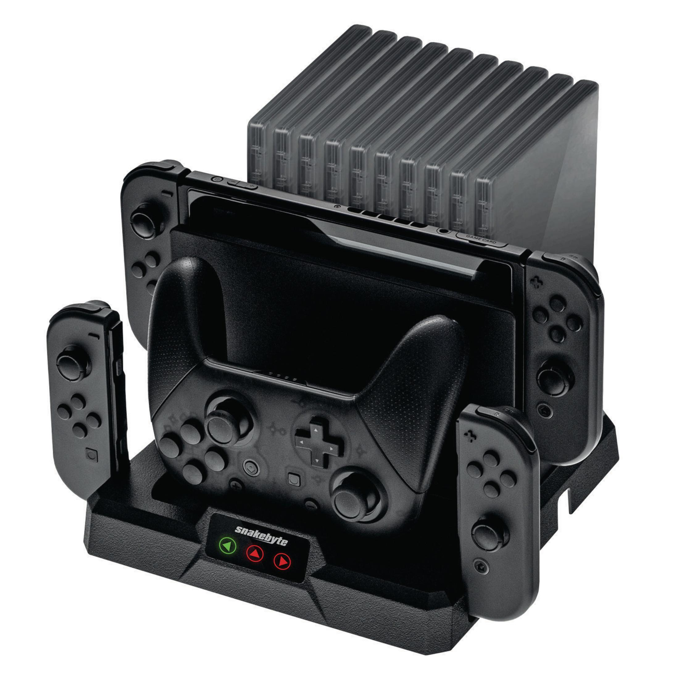 Gaming-Konsolen-Dockingstation mit Controllern, Spielen und einer Konsole.
