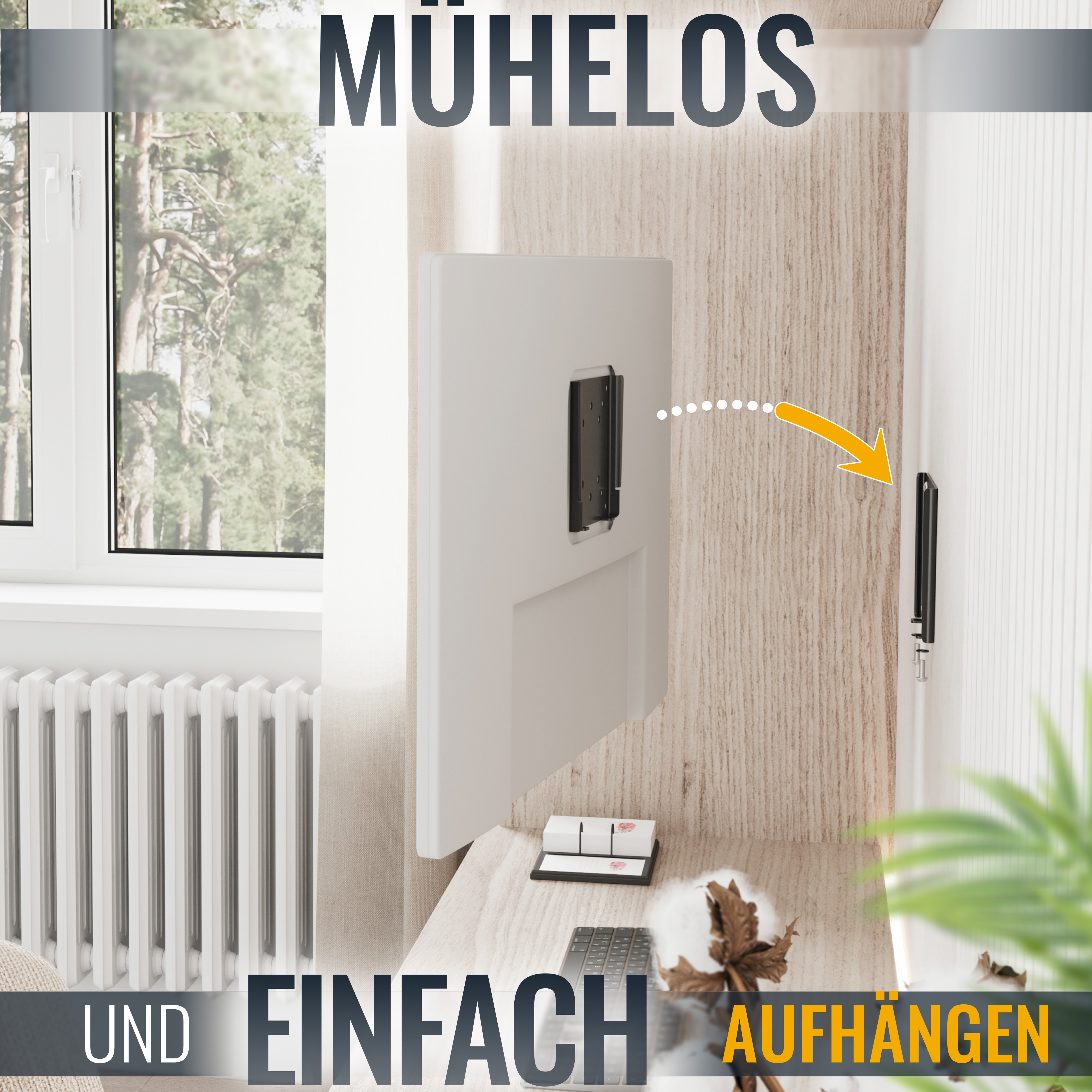 Ein weißer Fernseher ist an einer Holzwand montiert. Der Text lautet 'Mühelos und einfach aufhängen'.