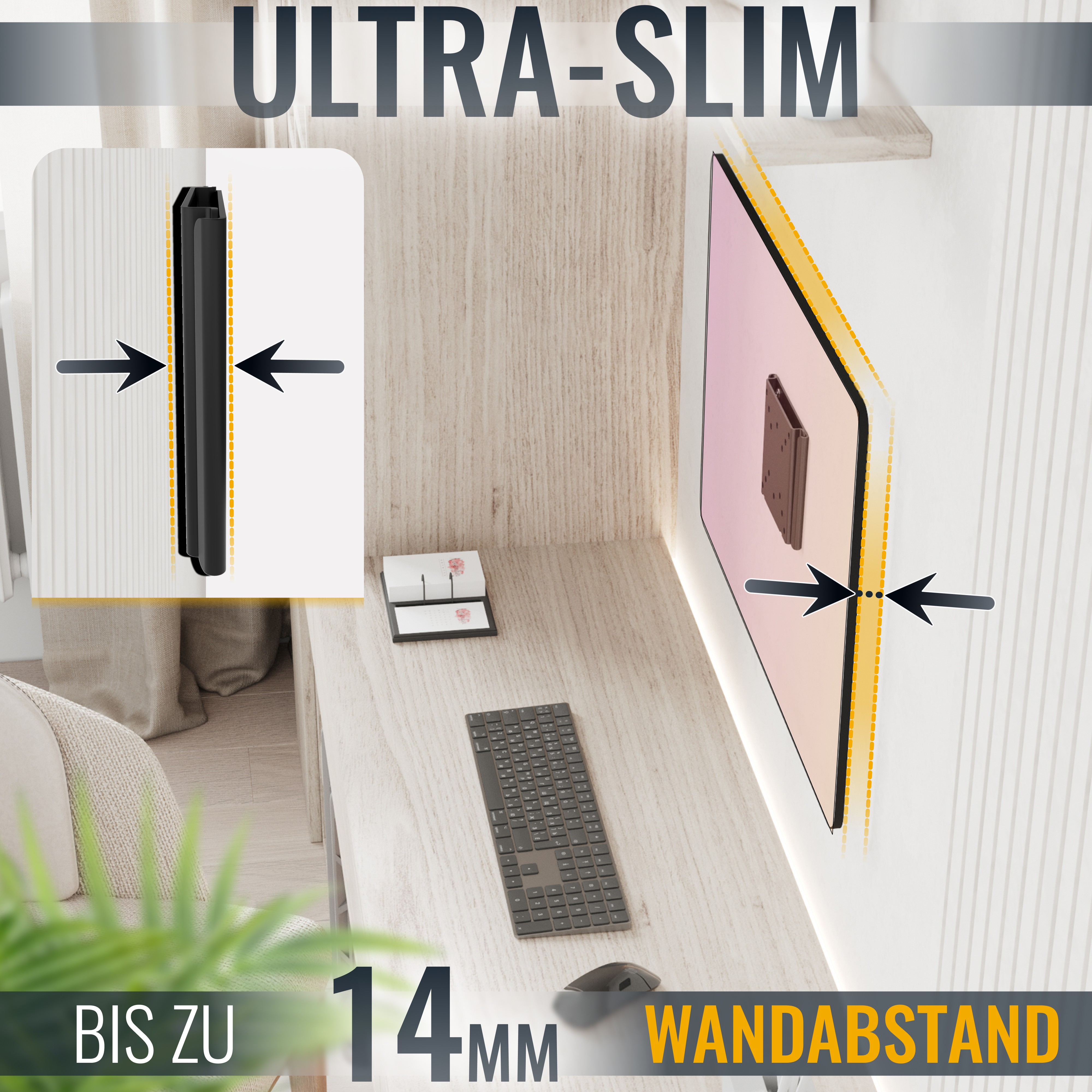 An der Wand montierter Fernseher mit ultra-schlankem Design, Text-Overlay.