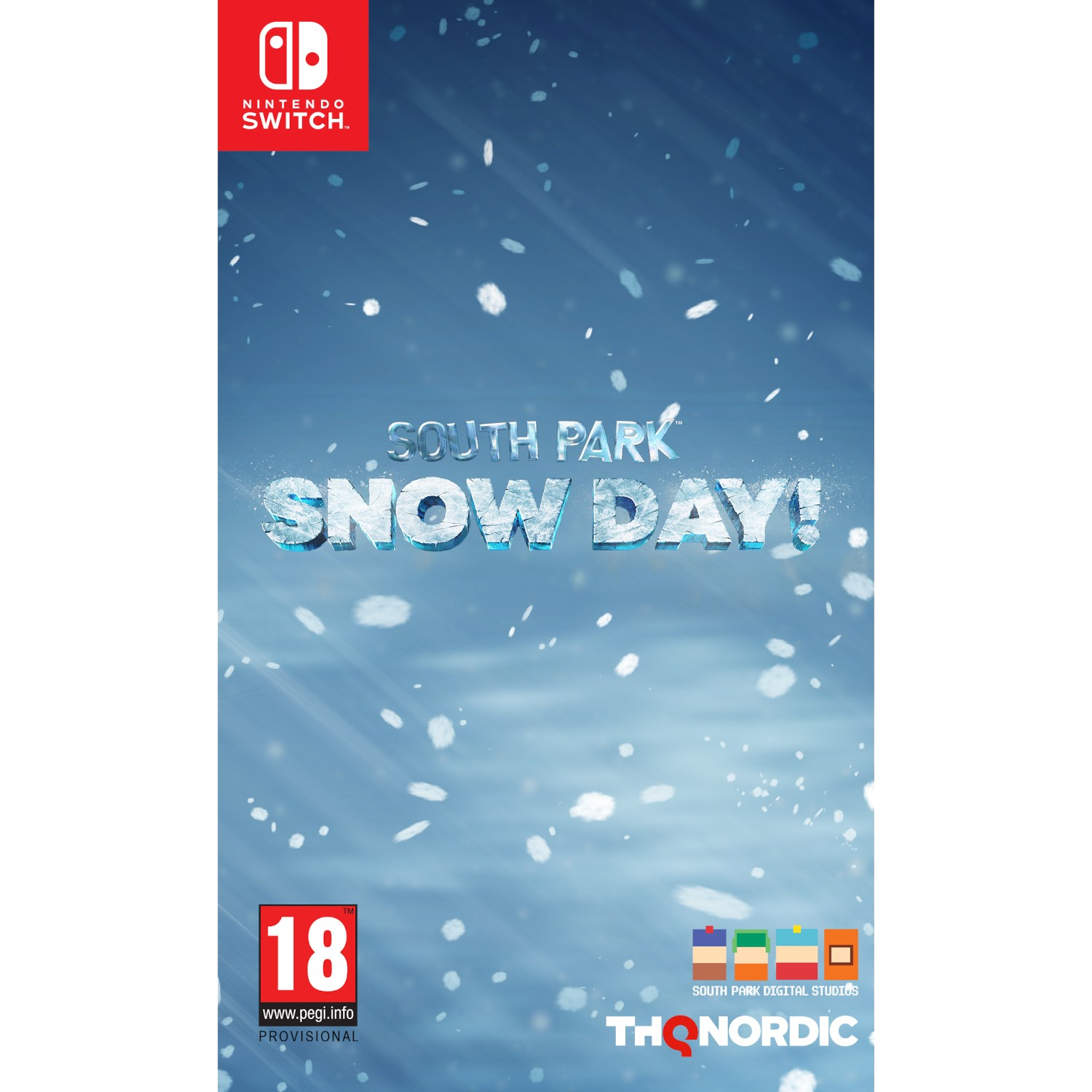 Grafika pudełka gry South Park: Snow Day! na Nintendo Switch, ze śniegiem.