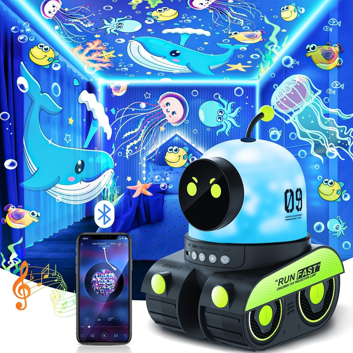 Roboterspielzeug, das eine Unterwasserszene projiziert. Telefon mit Musik-App, Bluetooth.