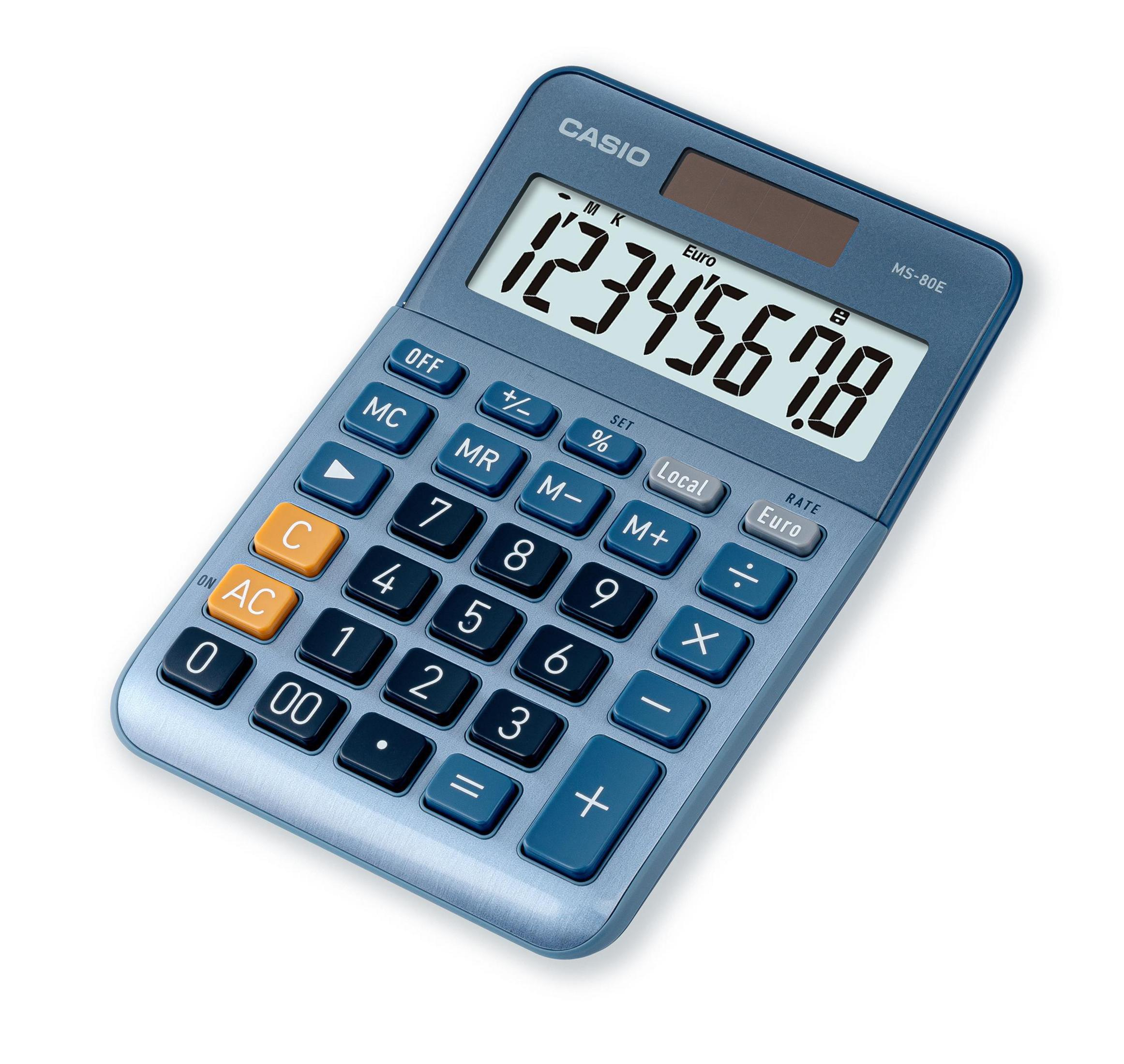 Niebieski kalkulator Casio wyświetlający liczby, z różnymi przyciskami i ekranem cyfrowym.