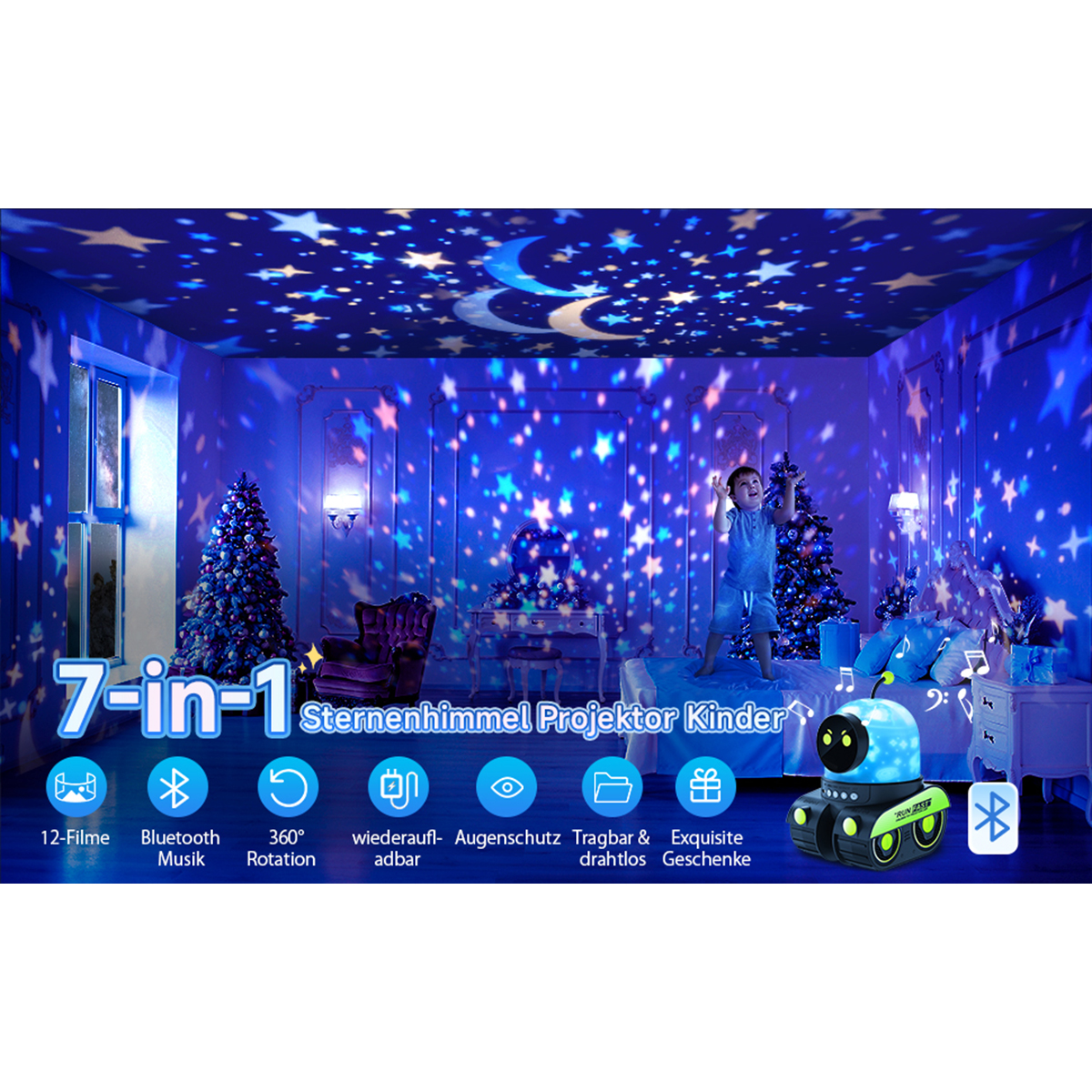 Ein Junge in einem Raum mit Sternenprojektor, Weihnachtsbaum und Mondprojektion an der Decke.