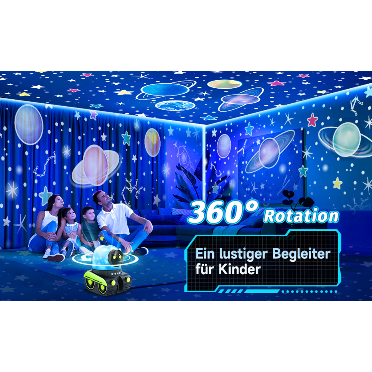 Familie betrachtet Sternenhimmel-Projektion, Spielzeugauto im Vordergrund; Text: 'Ein lustiger Begleiter'.