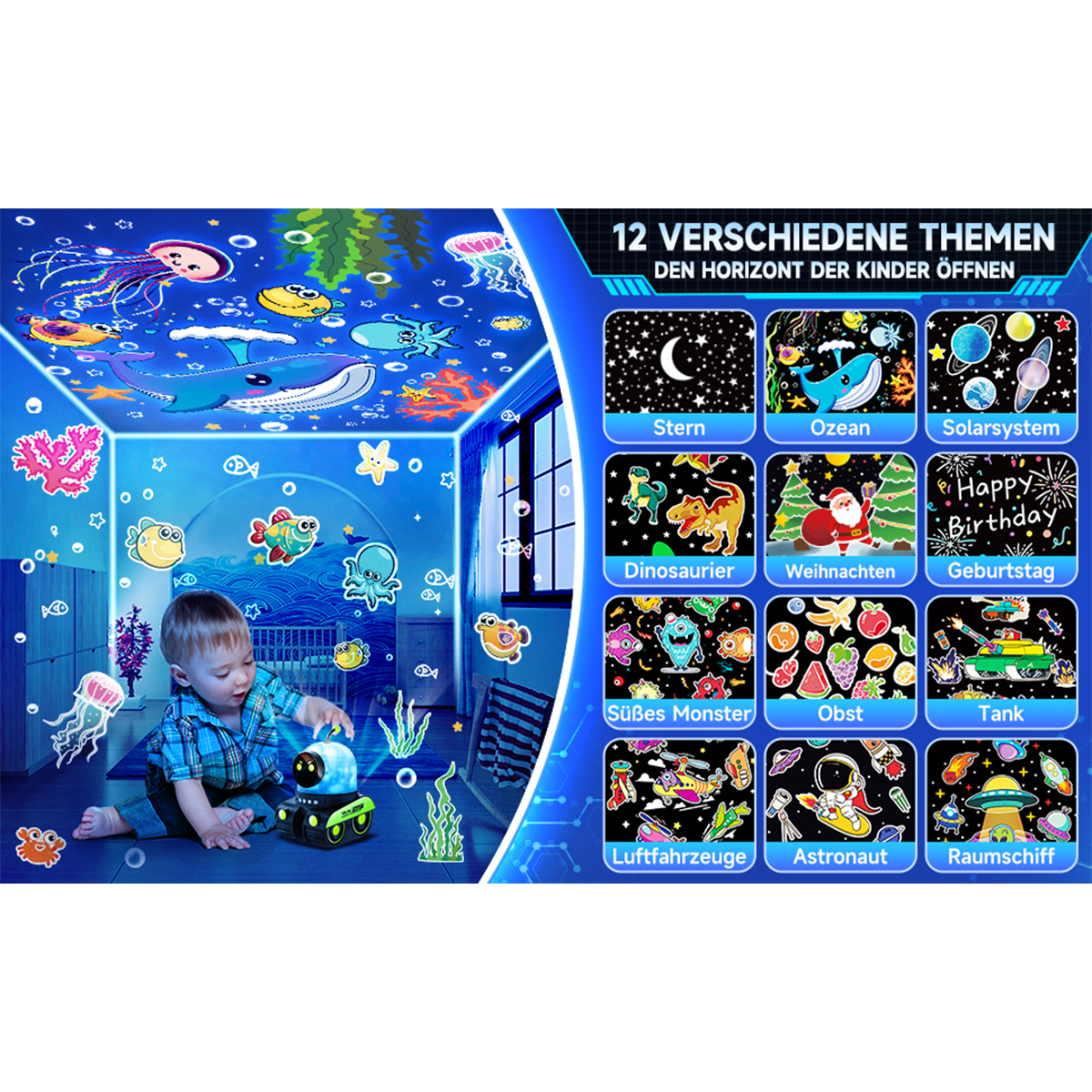 Ein Raum mit einem Kind, das mit einem Spielzeug spielt. Bunte Aufkleber schmücken die Wände und die Decke.