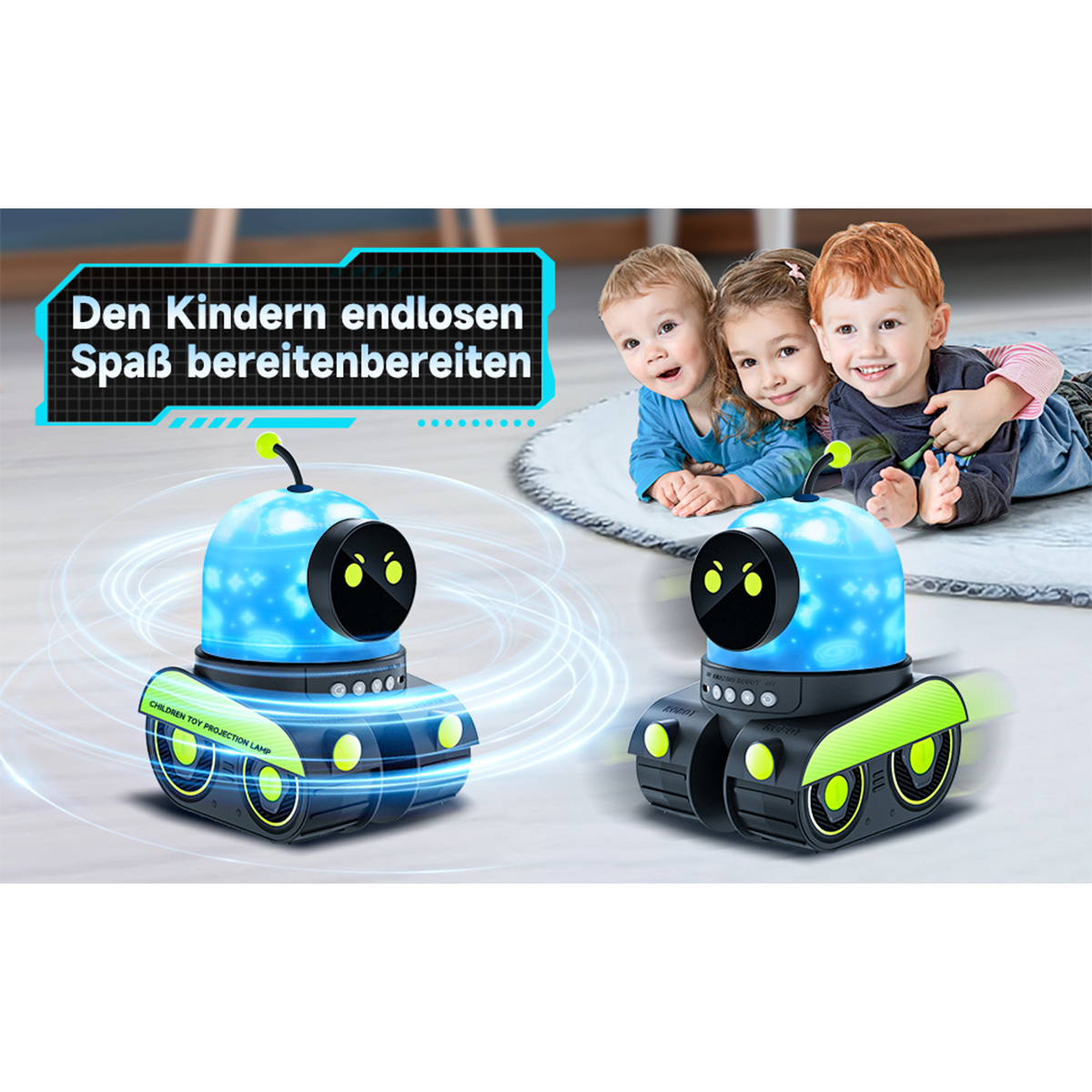Zwei blaue Spielzeugroboter mit leuchtenden Lichtern und drei lächelnde Kinder im Hintergrund.