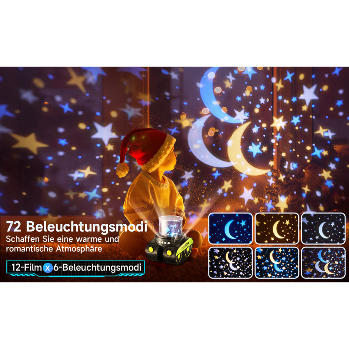 Ein Kind mit Weihnachtsmütze und Projektor, der Sterne und Monde zeigt.