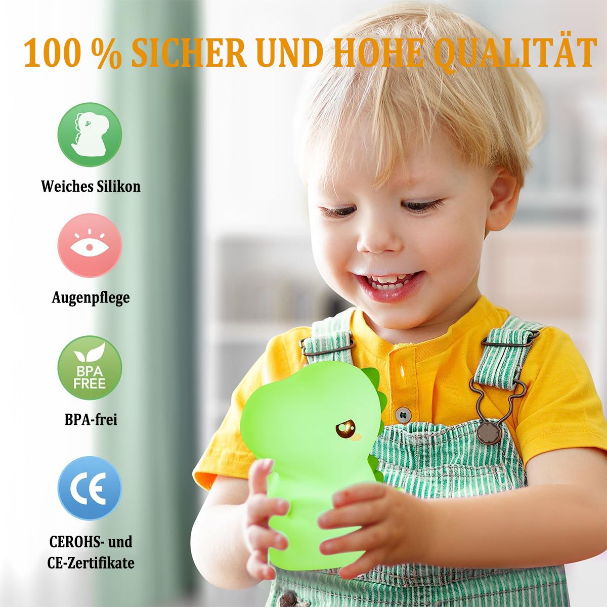 Ein Kind hält ein grünes, leuchtendes Dinosaurierspielzeug mit Symbolen und Text zum Produkt.