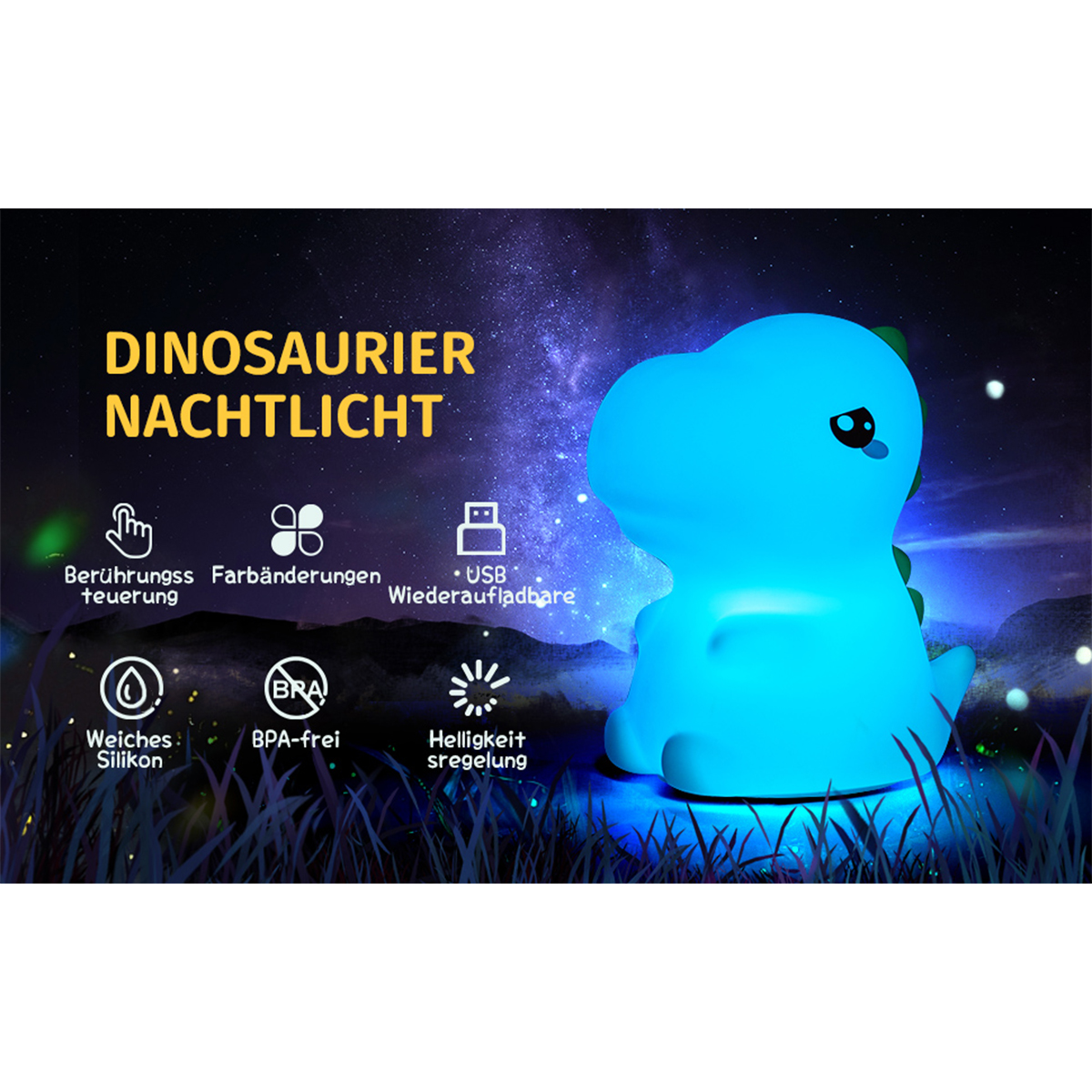 Blaues Dinosaurier-Nachtlicht mit Symbolen für Berührung, Farbwechsel, USB-Aufladung und Helligkeit.