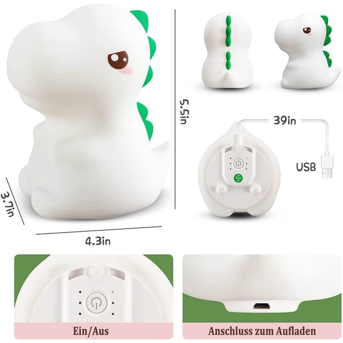 Weißes Cartoon-Dinosaurier-Nachtlicht mit USB-Aufladung. Details und Abmessungen sind gezeigt.