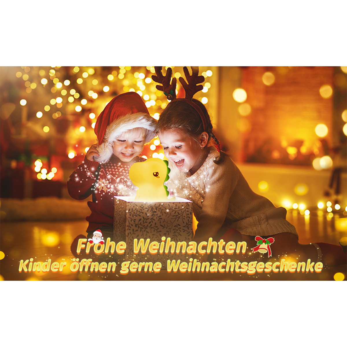 Zwei Kinder betrachten eine Geschenkbox mit einem leuchtenden Dinosaurier. Text sagt Frohe Weihnachten.