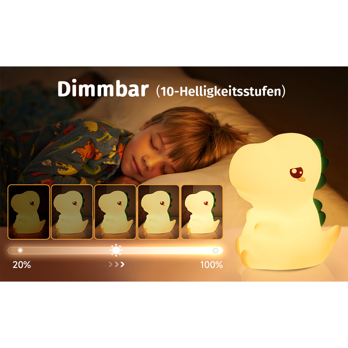 Junge schläft neben einer Dinosaurier-Lampe, mit Helligkeitsanzeigen.