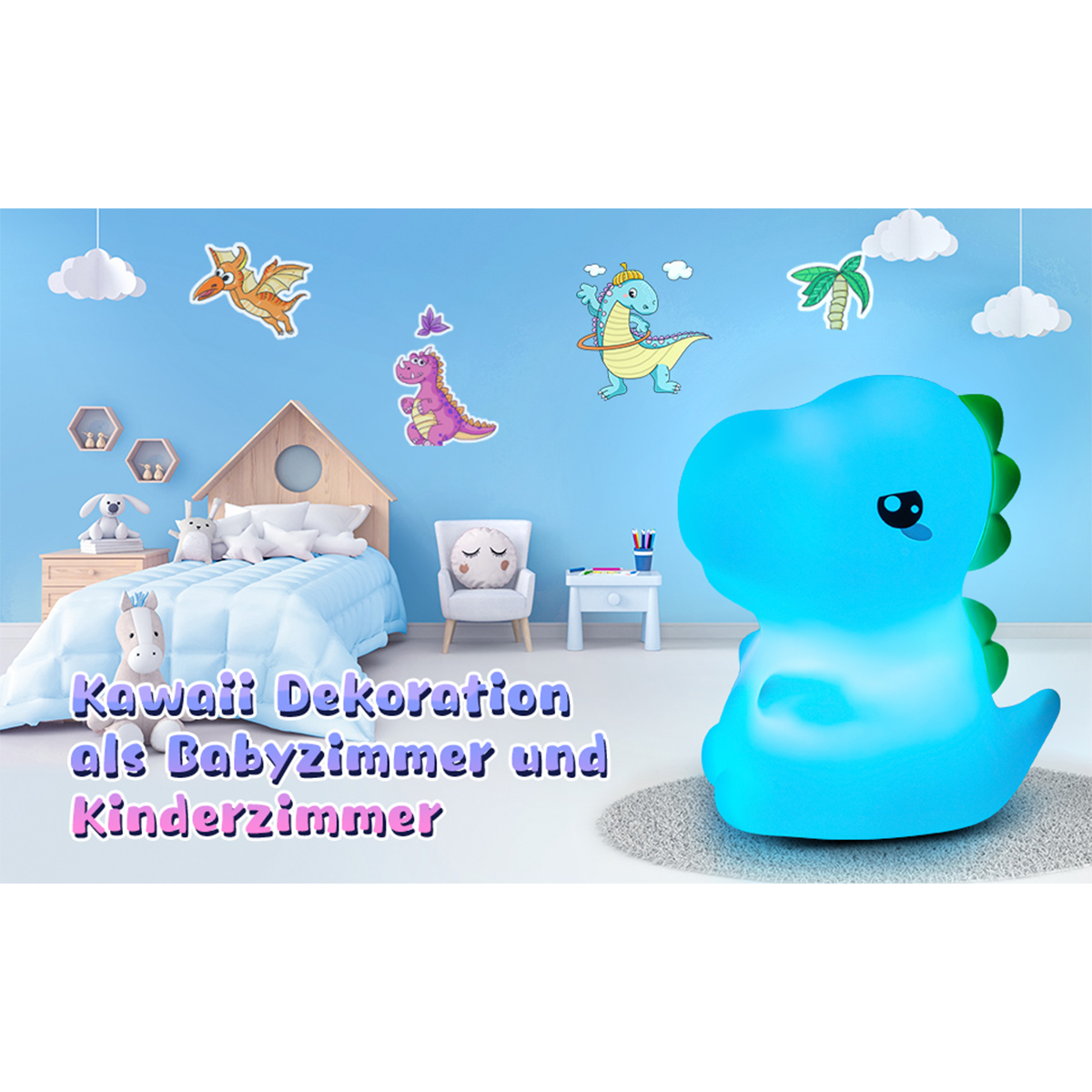 Blaue Dinosaurier-Lampe in einem Kinderzimmer mit Cartoon-Dekorationen und Text auf Deutsch.