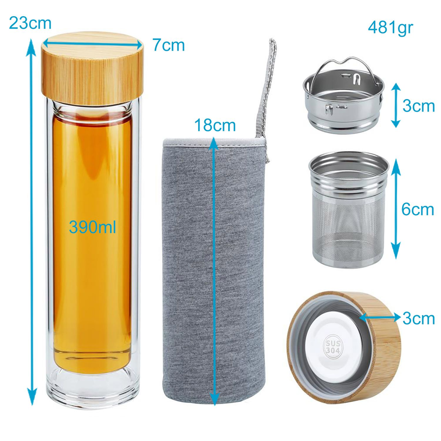 Doppelwandige Glasflasche mit Bambusdeckel und grauem Etui. Abmessungen beschriftet.