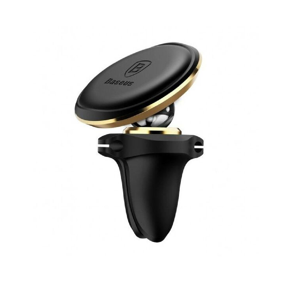 Czarny i złoty uchwyt samochodowy na telefon. Widoczna nazwa marki Baseus.