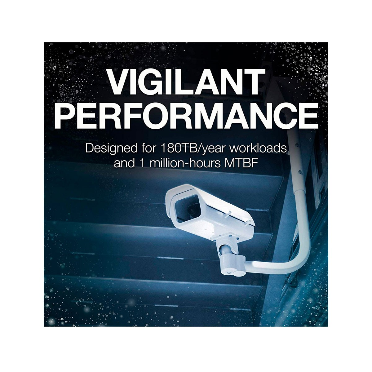 Kamera bezpieczeństwa na białym stojaku z ciemnym tłem.