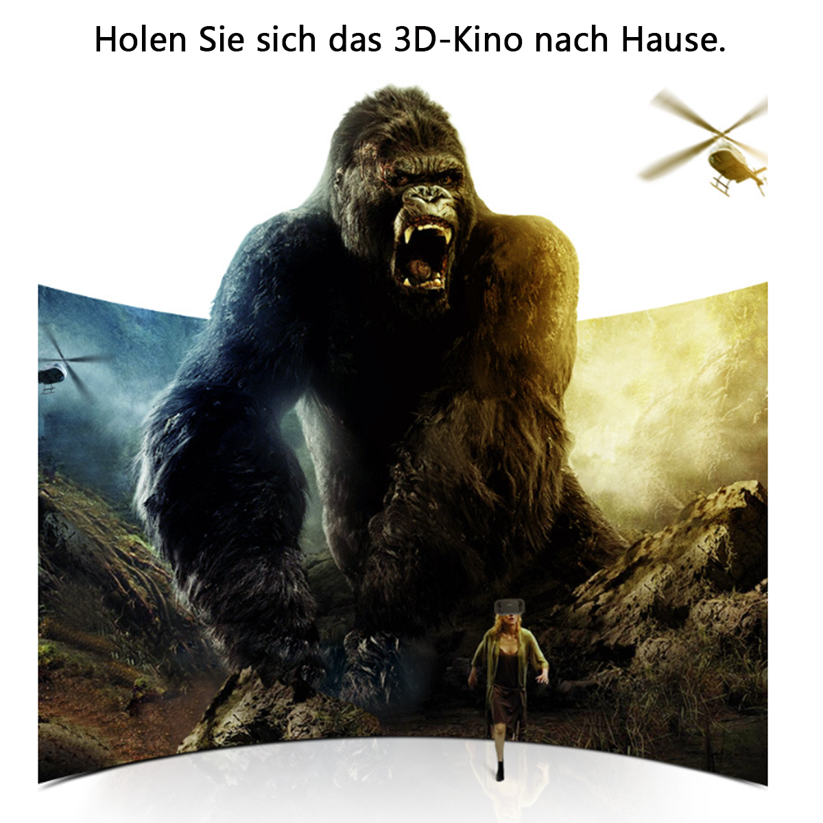 Person geht auf einen riesigen Gorilla zu, Hubschrauber in einer 3D-Filmszene.