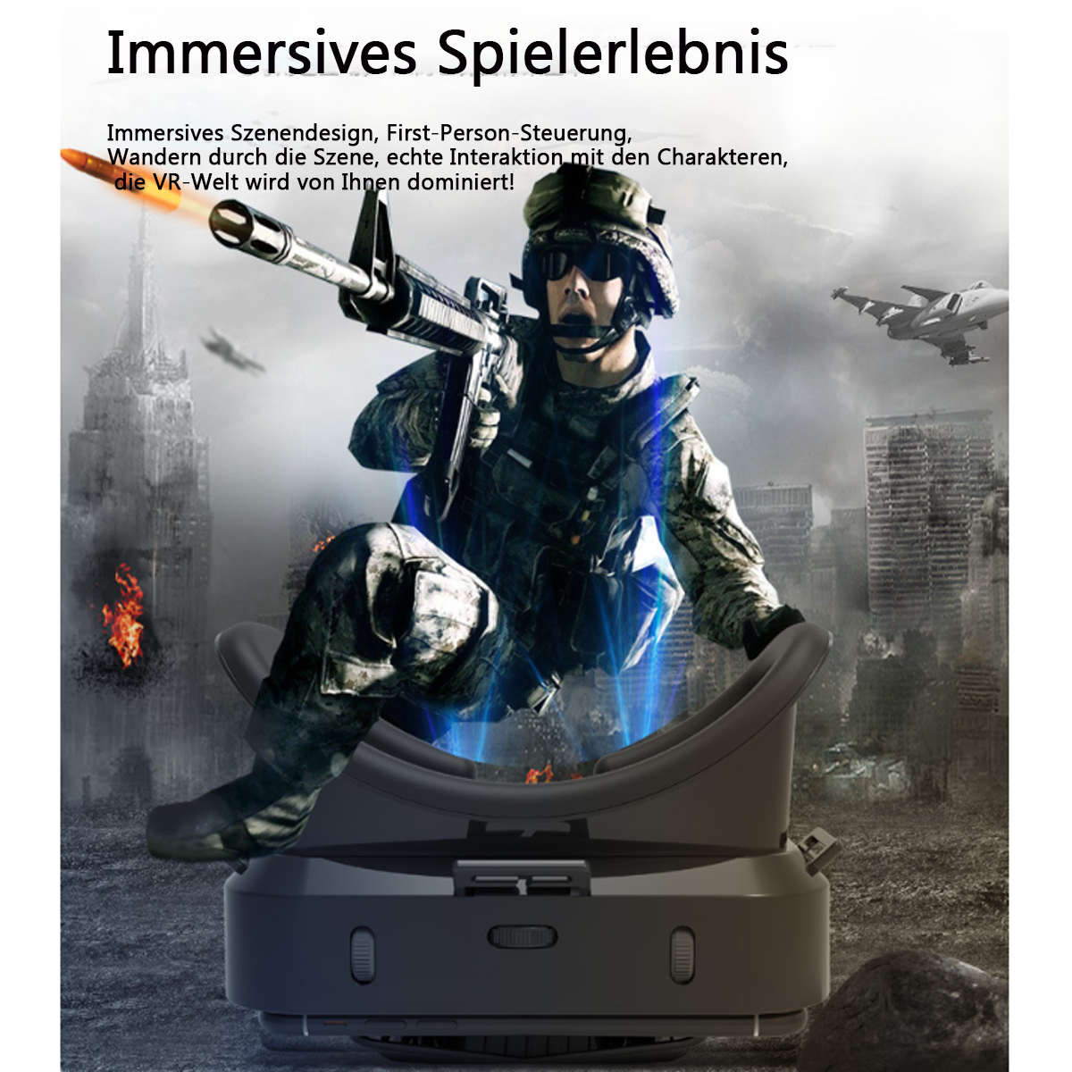 Ein Soldat in VR sitzt auf einer VR-Station und schießt mit einer Waffe. Der Hintergrund ist eine Kriegsszene mit Flugzeugen und Gebäuden.