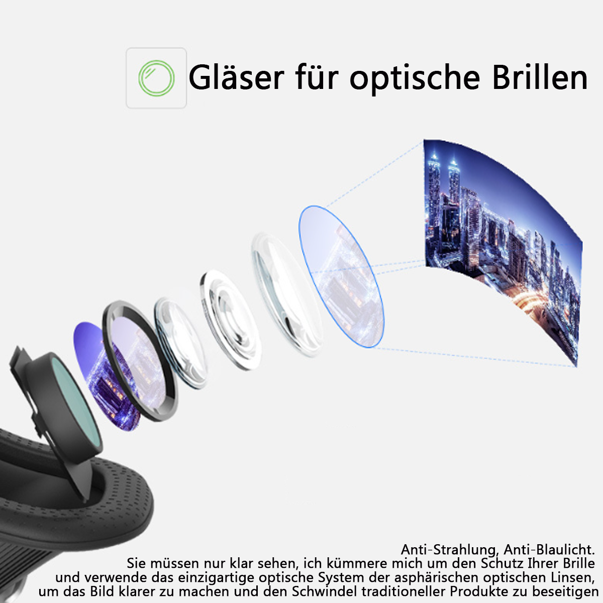 Brillengläser, Text in Deutsch über optische Brillen.