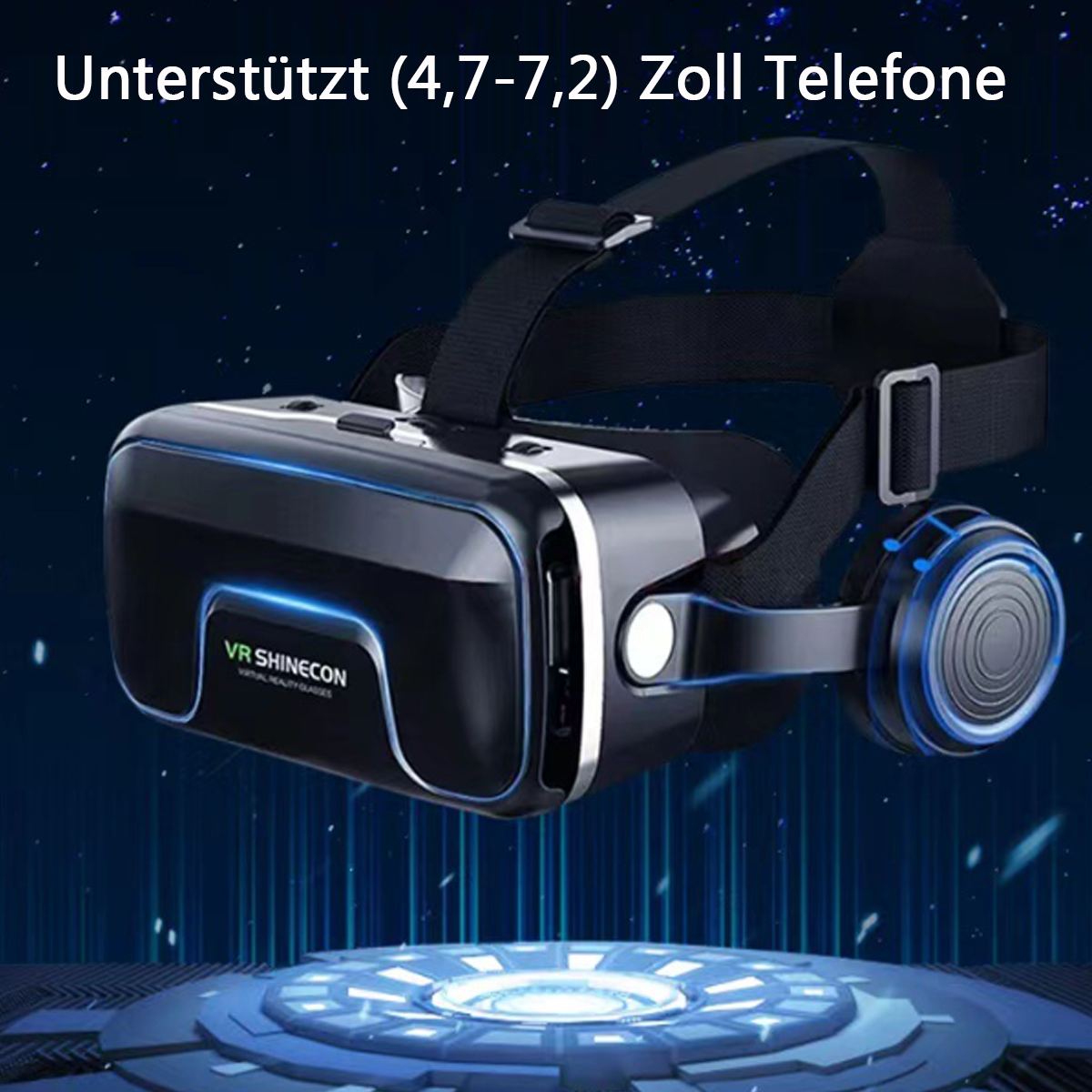 Gafas de realidad virtual en un entorno azul oscuro, los tamaños de teléfono compatibles se mencionan en la parte superior.