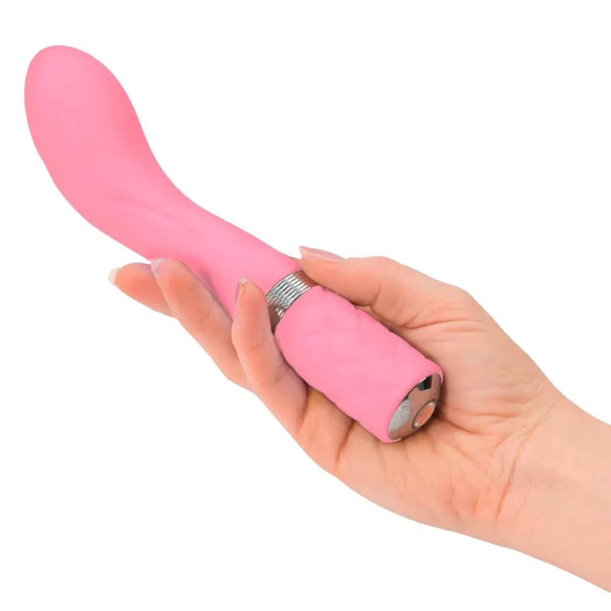 Rosa Vibrator, von einer Hand gehalten, auf weißem Hintergrund. Gebogen.