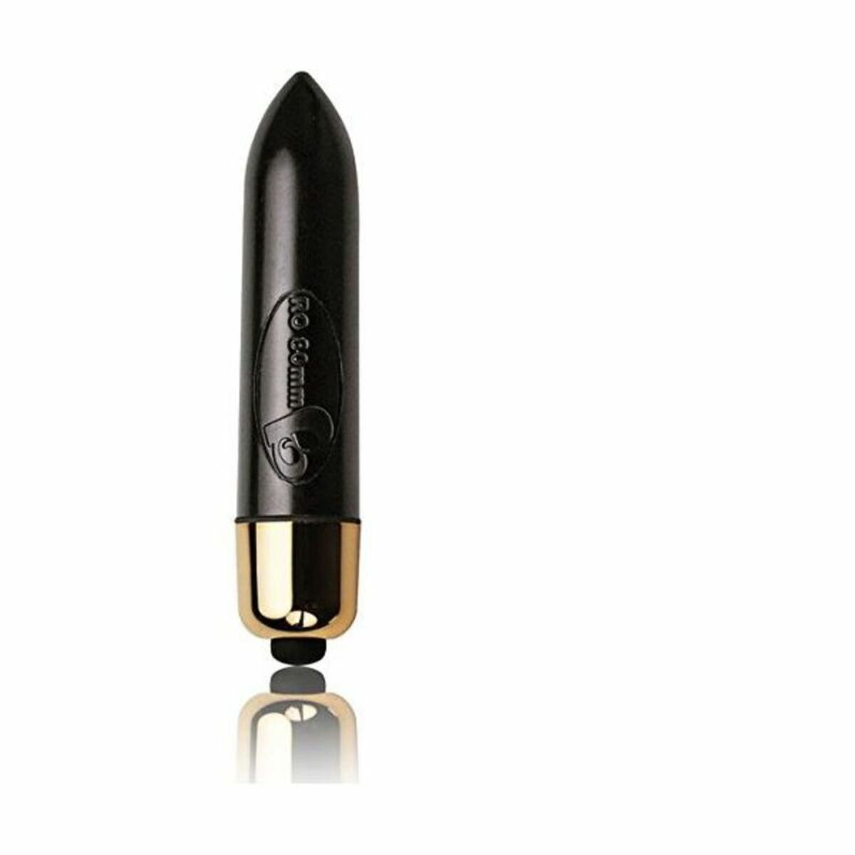Ein schwarzer Vibrator mit goldener Spitze, vor weißem Hintergrund.