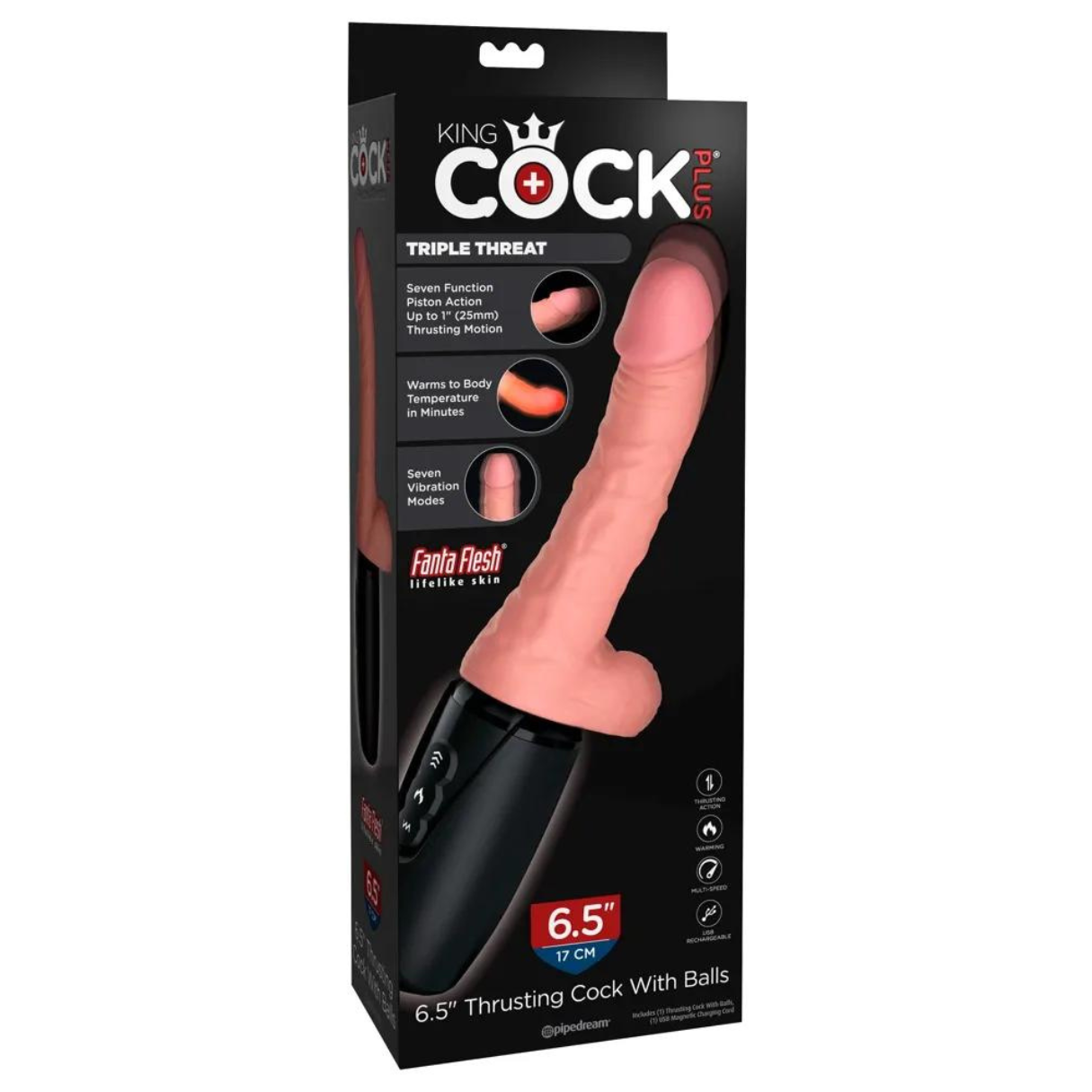 Eine Produktbox zeigt ein pinkfarbenes Sexspielzeug. Es hat einen schwarzen Sockel und einen fleischfarbenen Schaft. Text enthält 'King Cock'.