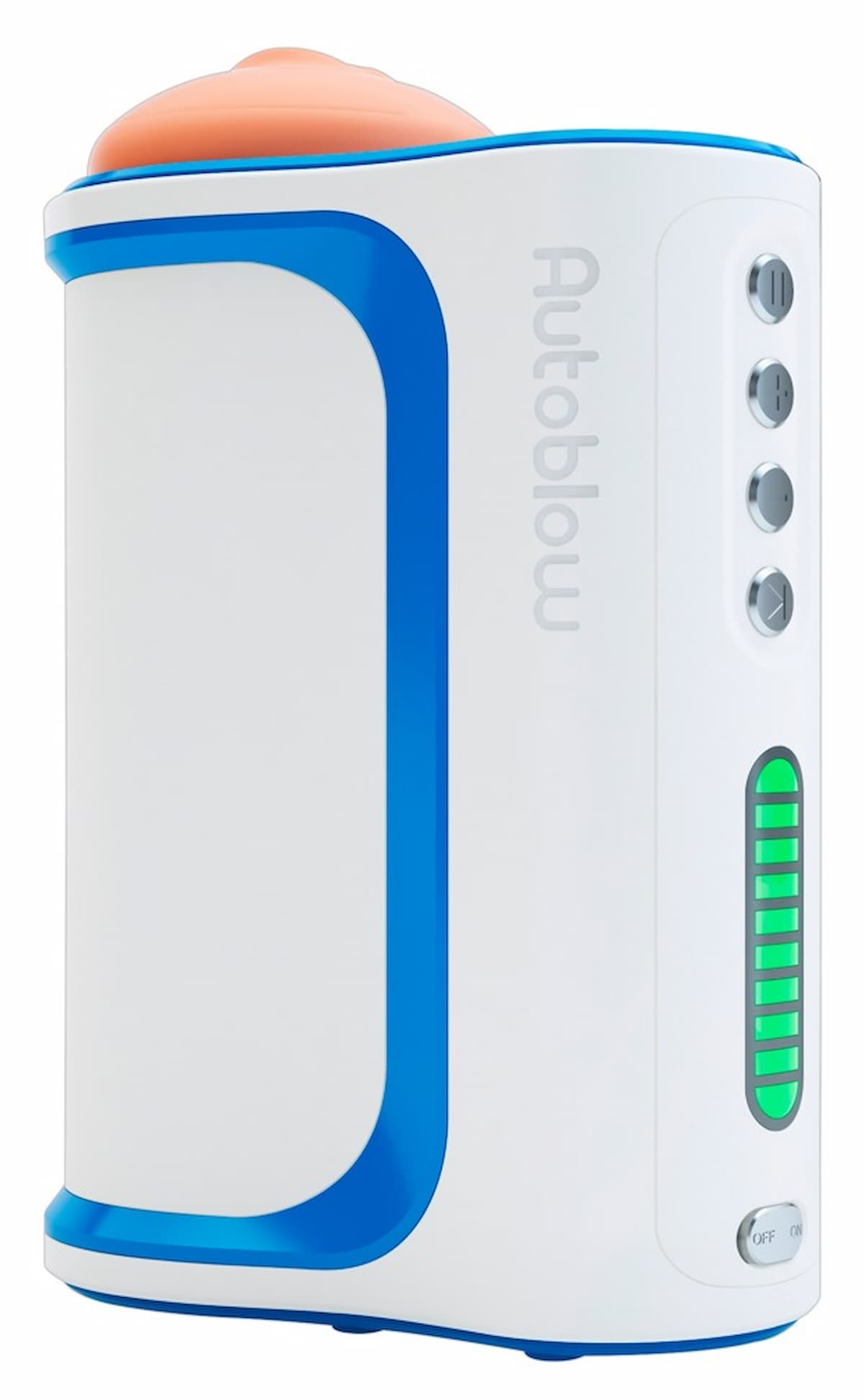 Ein weiß-blaues Autoblow-Gerät mit orangefarbenem Deckel. Es hat Knöpfe und eine Batterieanzeige. Der Einschaltknopf ist aus.
