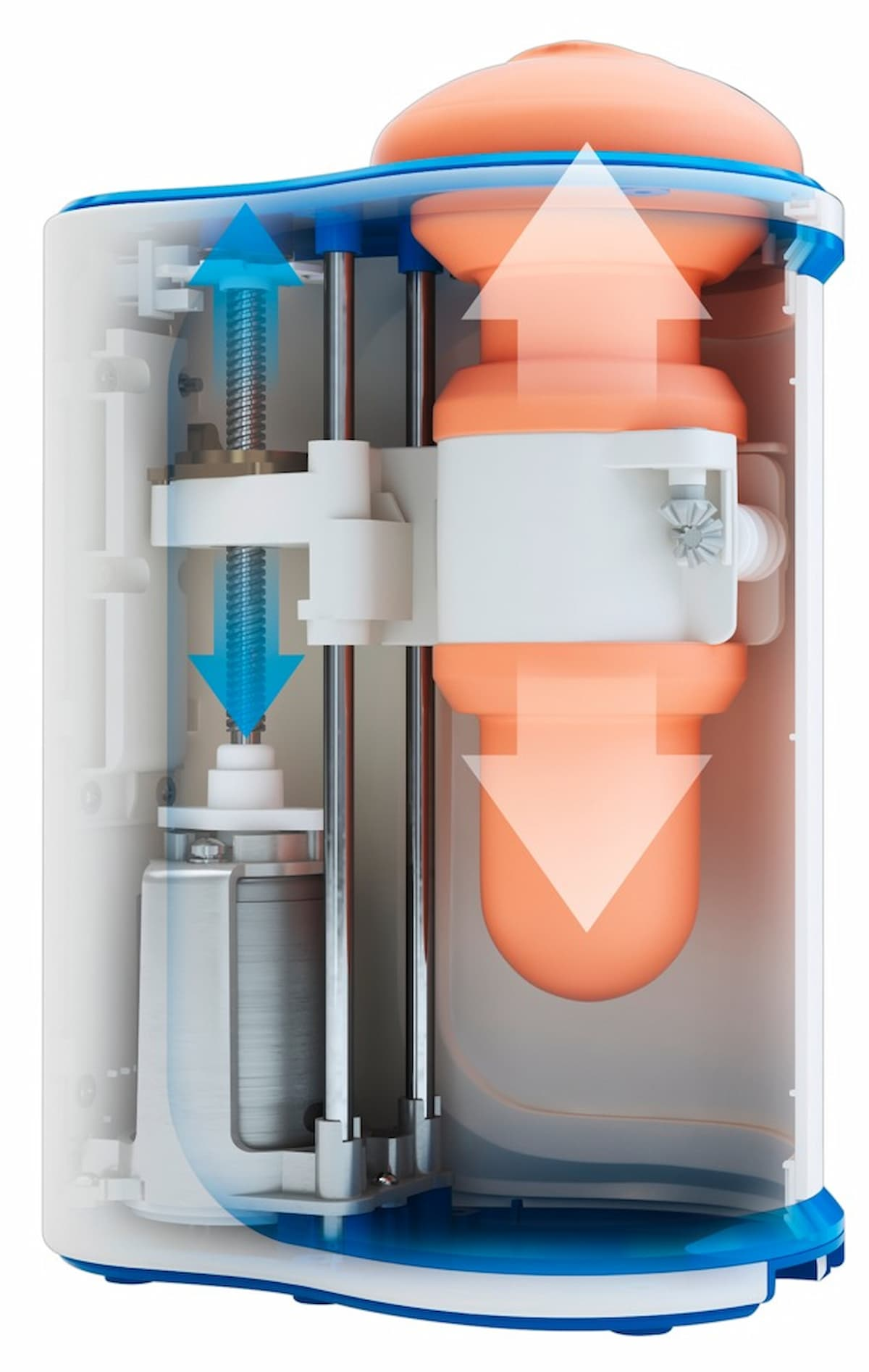 Querschnitt eines Wasserfilters. Orangefarbene und weiße Komponenten mit blauen Pfeilen, die den Wasserfluss anzeigen. Schrauben und Metallteile sind sichtbar.