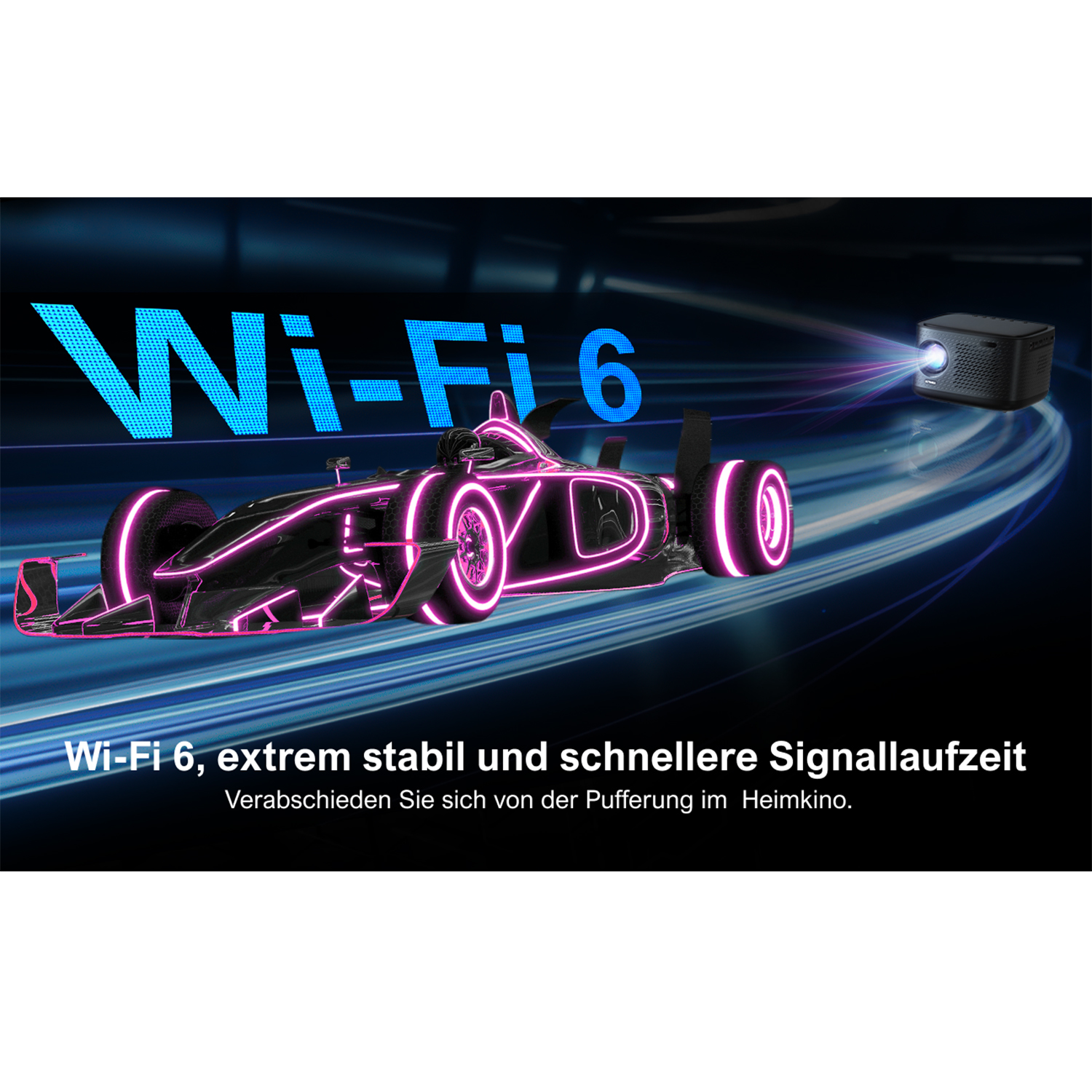Bild zeigt Rennwagen mit Wi-Fi 6 Signal und Projektor. Text: Wi-Fi 6.