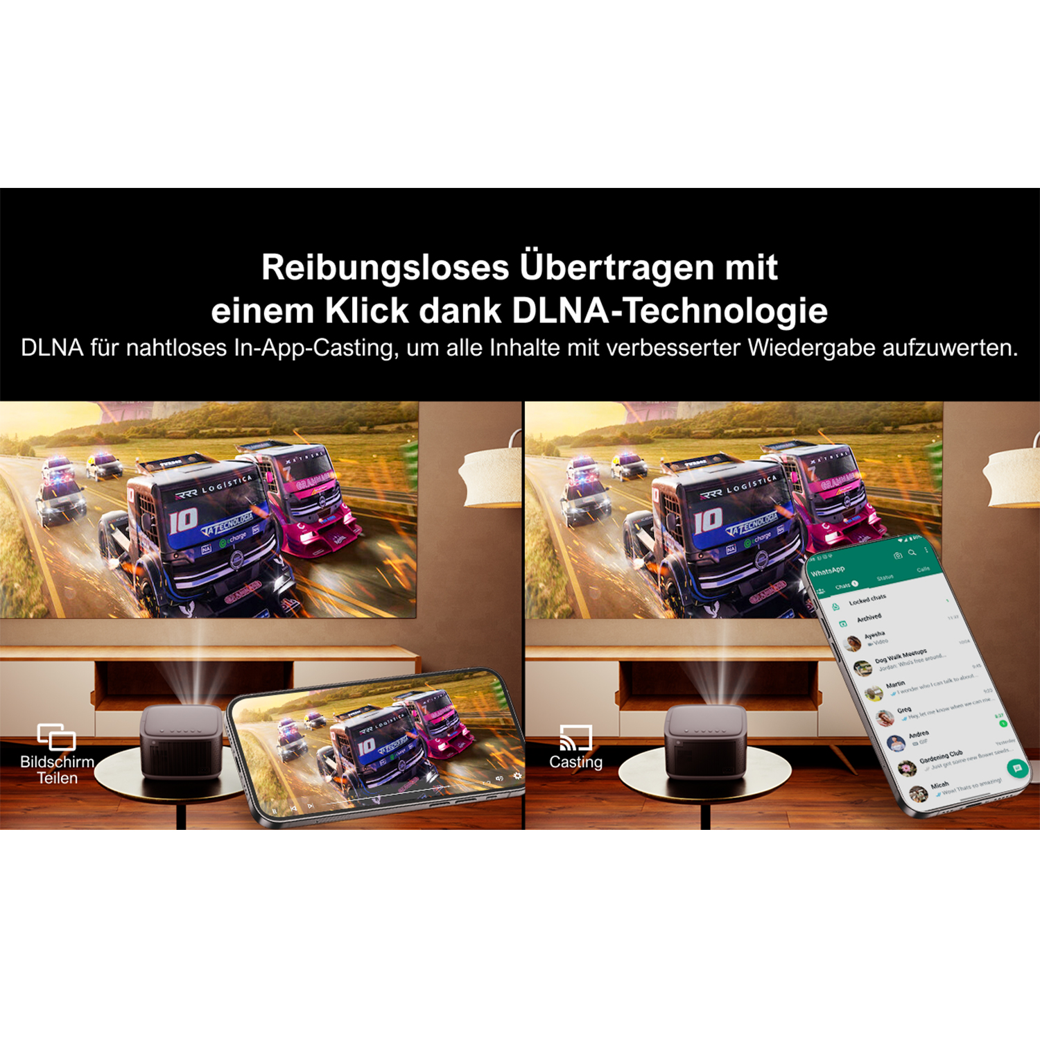 Zwei Bildschirme zeigen die gleichen Rennwagen, einer auf einem Fernseher und der andere auf einem Telefon. Text oben.