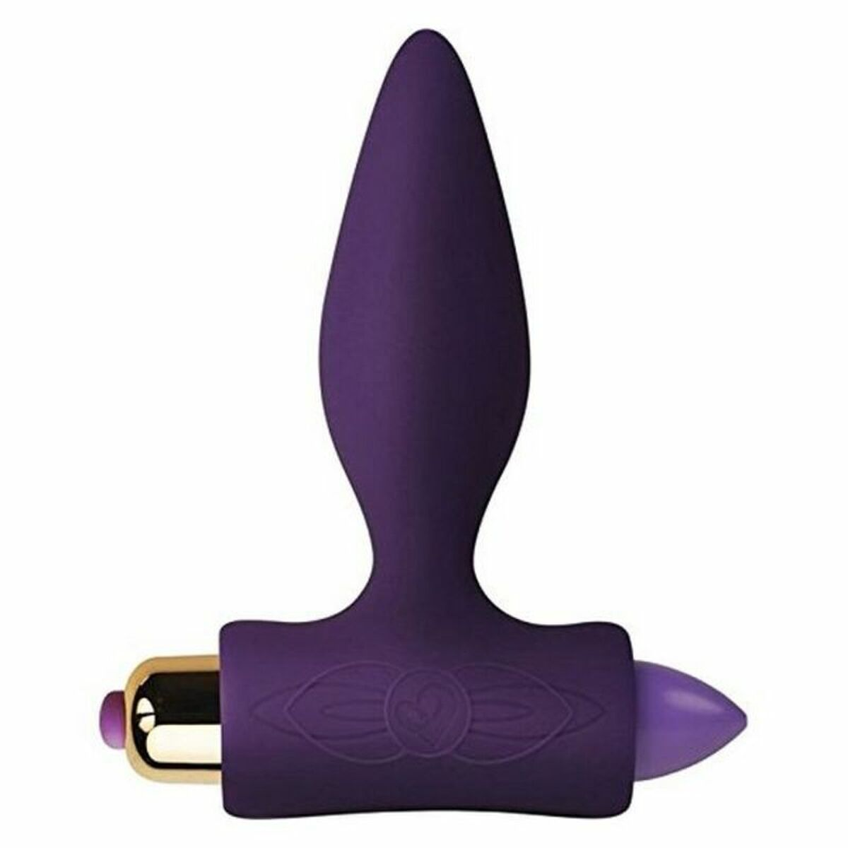 Lila Vibrator mit abgerundeter Basis, strukturierter Welle und goldenem Knopf.