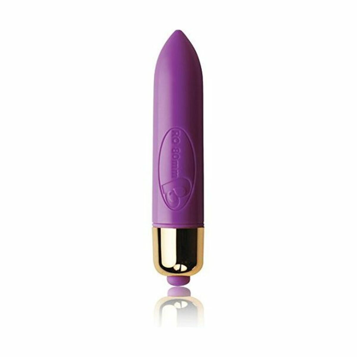 Ein lila Vibrator mit abgerundeter Spitze und goldenem Sockel.
