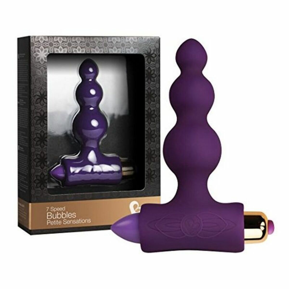 Lila Sexspielzeug mit Box. Es hat eine gebogene Form und mehrere abgerundete Teile.