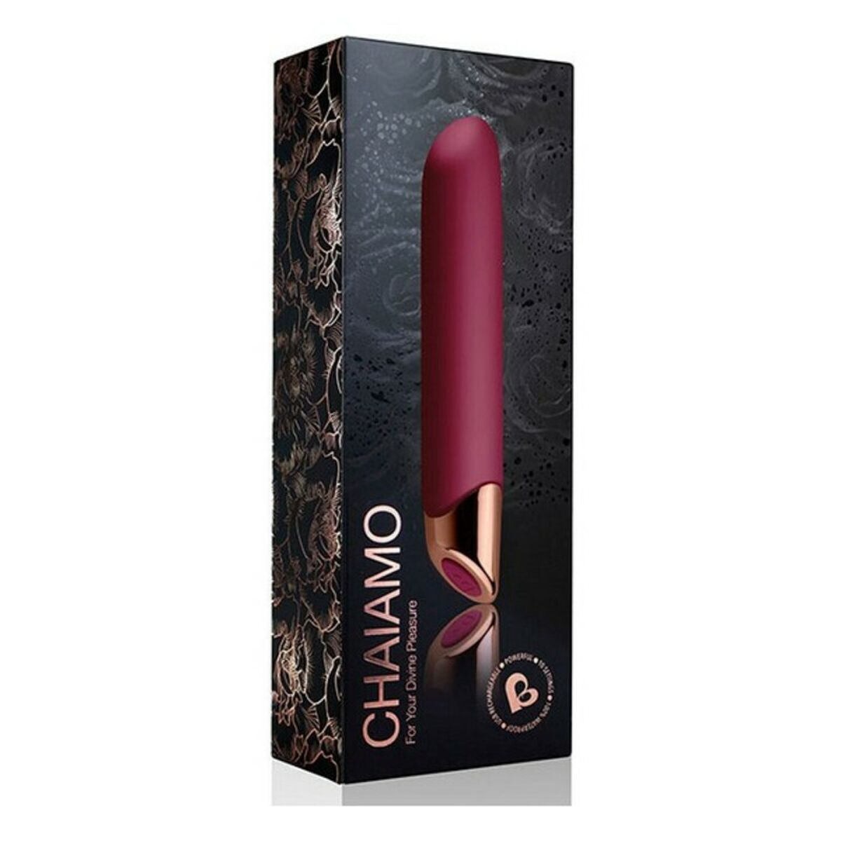 Ein Vibrator in Bordeauxrot wird in einer Box präsentiert. Der Markenname ist CHAIAMO.
