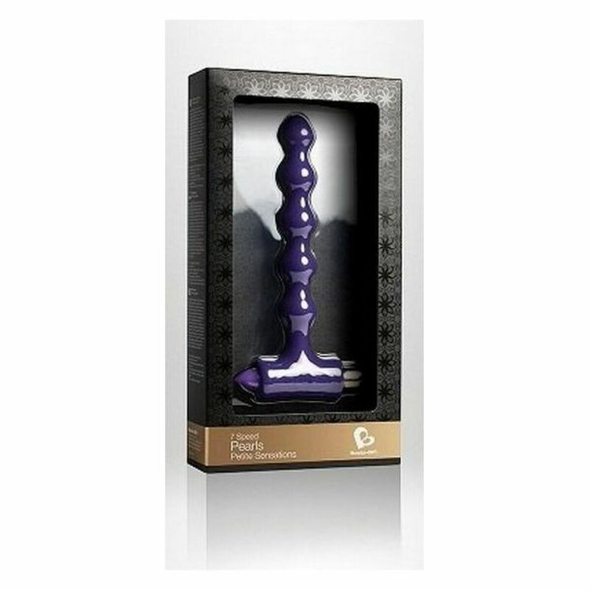 Lila Sexspielzeug in einer schwarzen Box. Es hat einen strukturierten Griff und mehrere runde Abschnitte.