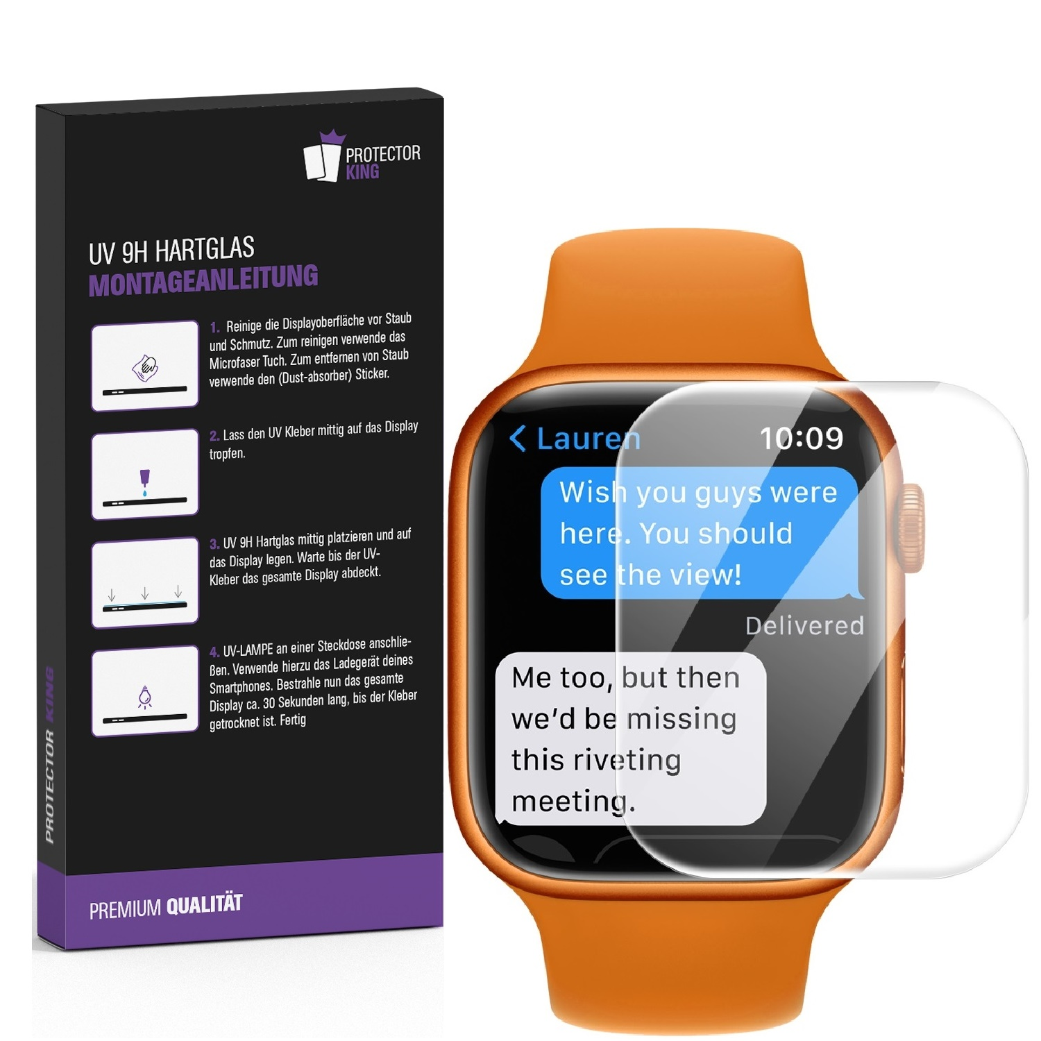 Smartwatch mit Displayschutzfolie, zeigt eine Nachricht. Der Schutz befindet sich rechts.