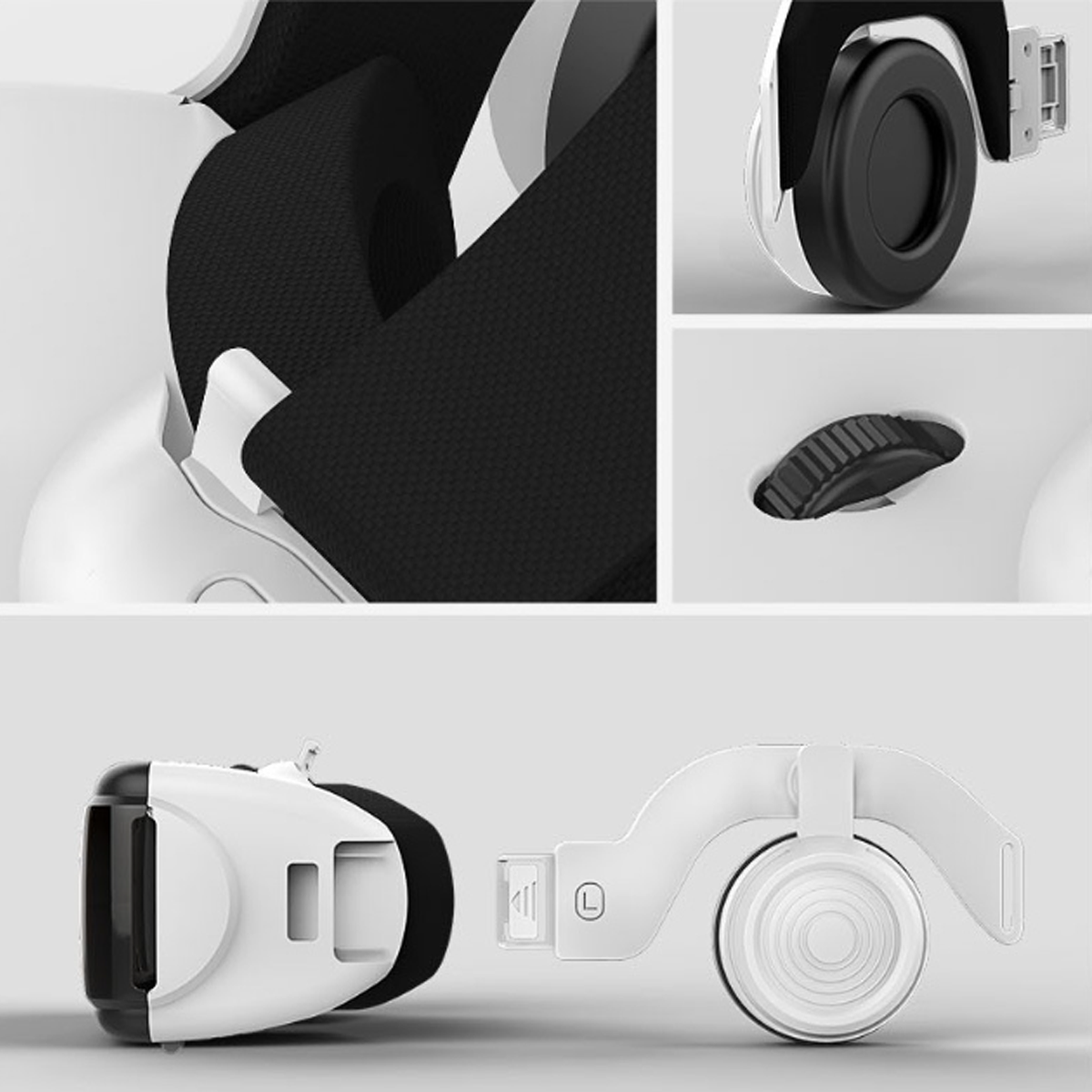 Mehrere Ansichten eines weißen VR-Headsets mit schwarzer Polsterung und einem Stecker.
