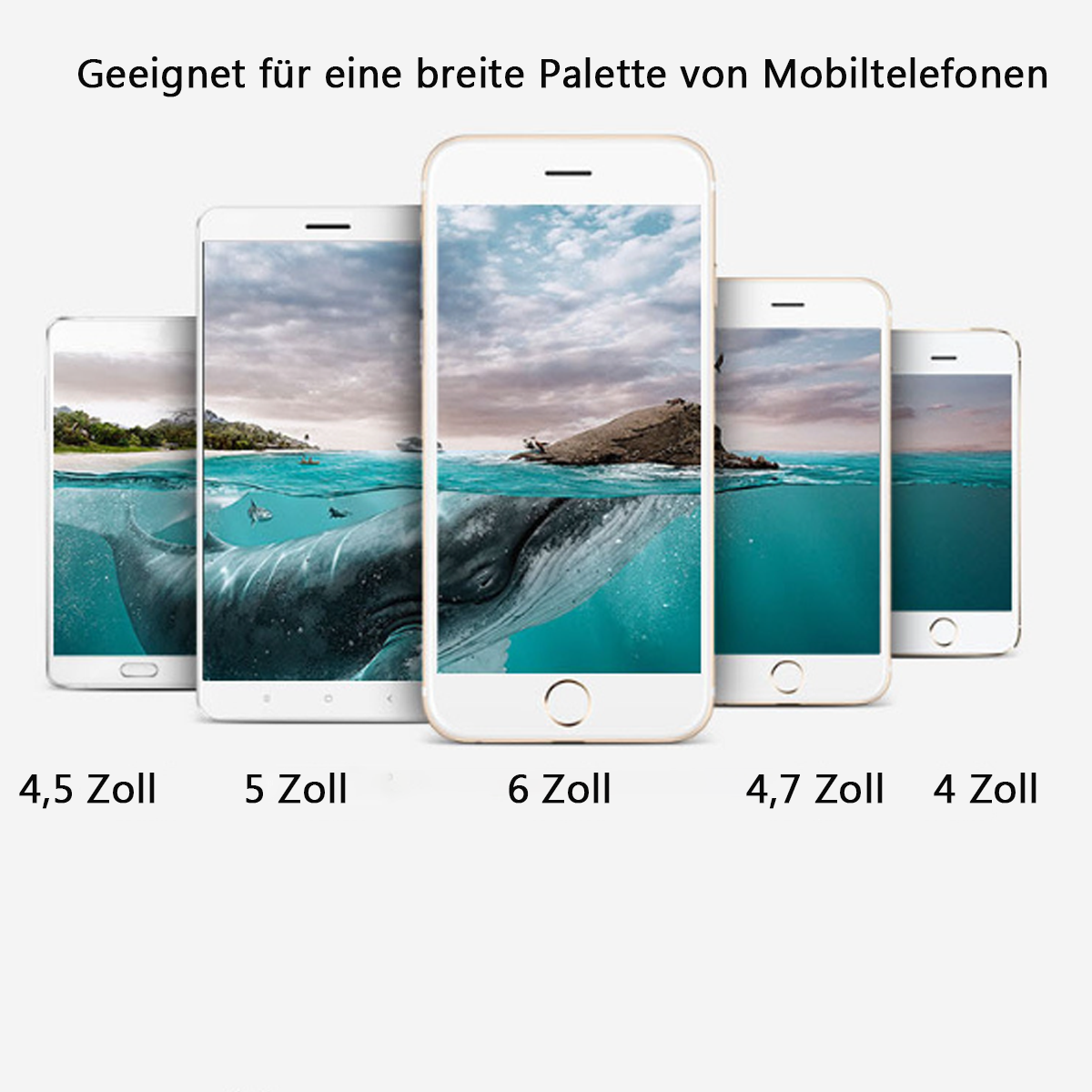 Fünf Smartphones in verschiedenen Größen. Weißer Hintergrund. Textbeschriftungen mit Größen.