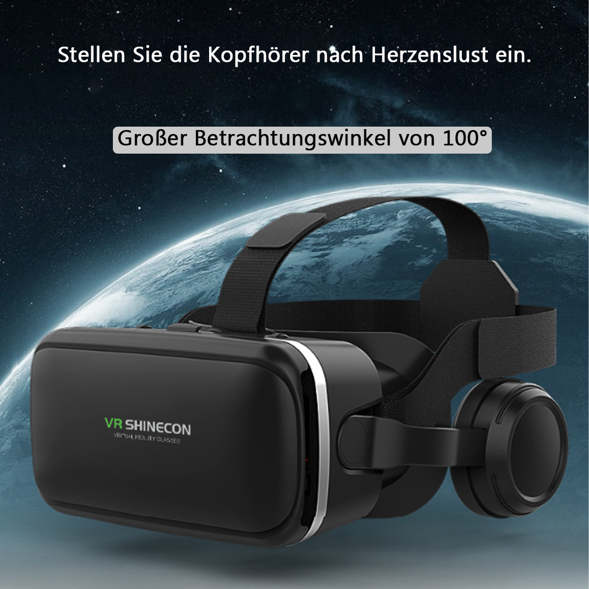 VR-Headset auf einem Kopf, mit blauem und grünem Hintergrund und Text.