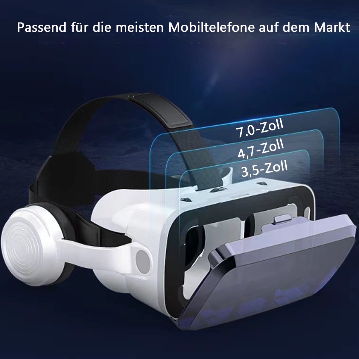 VR-Headset mit drei Größenangaben und Text auf Deutsch.