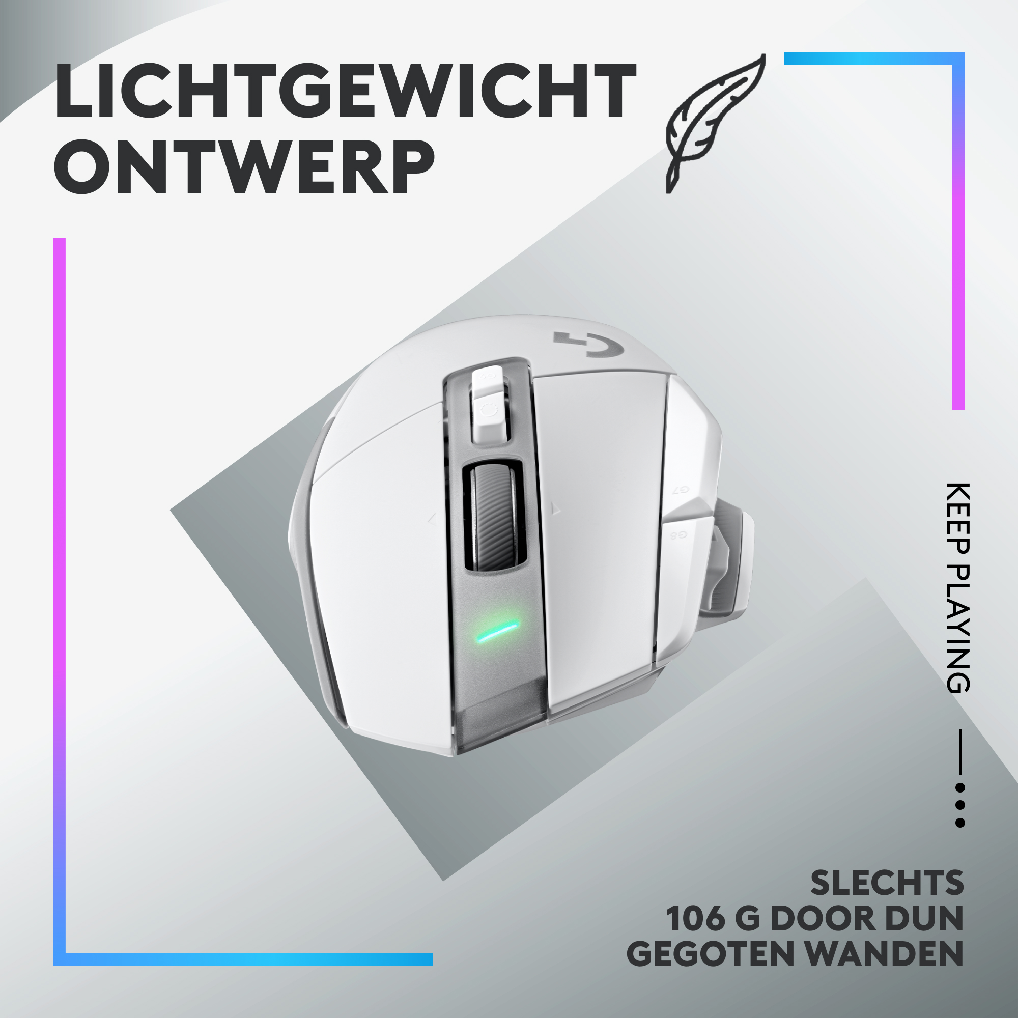 Biała mysz do gier z diodą LED. Tekst po holendersku, Keep Playing.